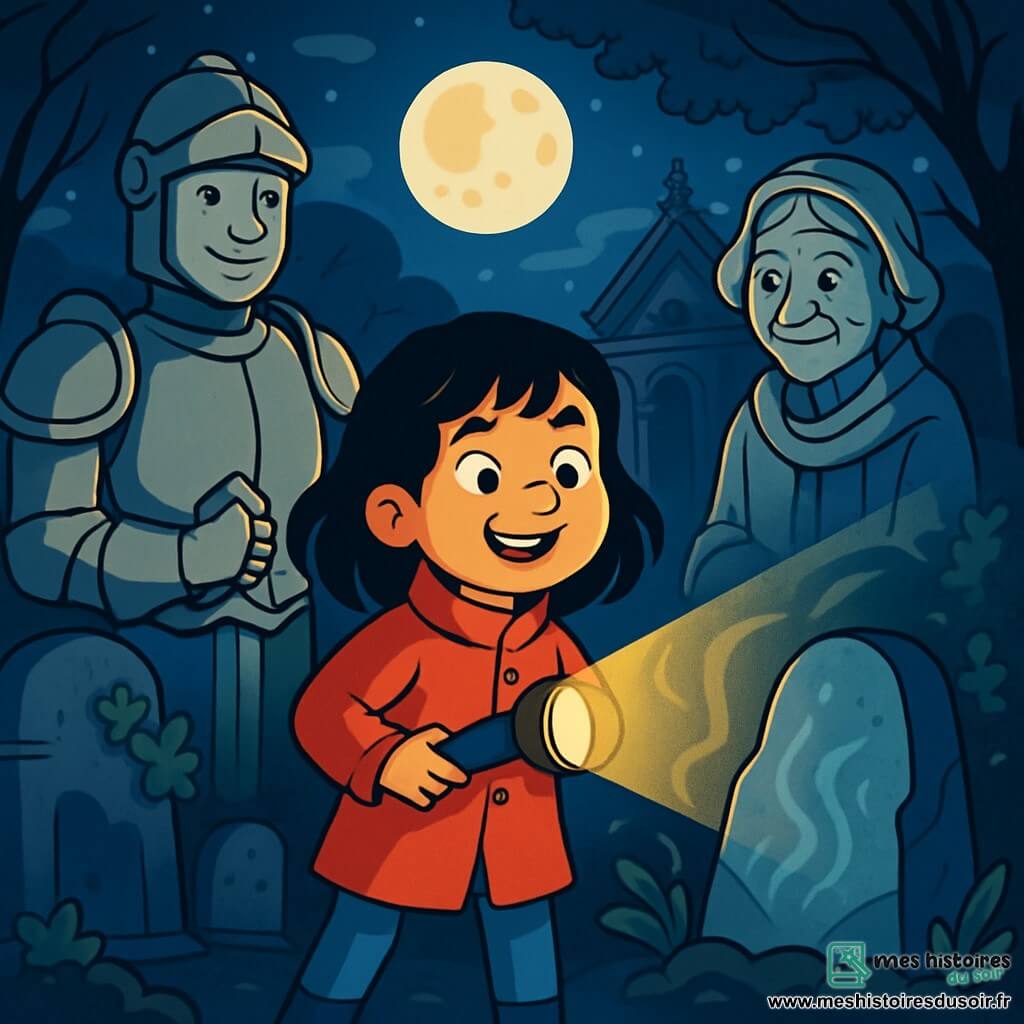 Aurore, une fille de 10 ans aux cheveux noirs et aux yeux curieux, se tient au centre de l'image dans un manteau rouge vif, illuminant son sourire avec une lampe de poche. À côté d'elle, une statue de chevalier en armure, d'environ 30 ans, semble prêt à l'accompagner dans son aventure. Une statue de vieille dame, d'environ 70 ans, l'observe avec tendresse. Le cadre est un ancien cimetière avec des pierres tombales recouvertes de lierre et des mausolées délicats, sous une lune brillante qui projette des ombres dansantes. Aurore s'approche de la Pierre des Ombres, entourée des statues, prête à découvrir leurs secrets, tandis que des ombres dansent autour d'eux, ajoutant une dimension d'aventure et de mystère.