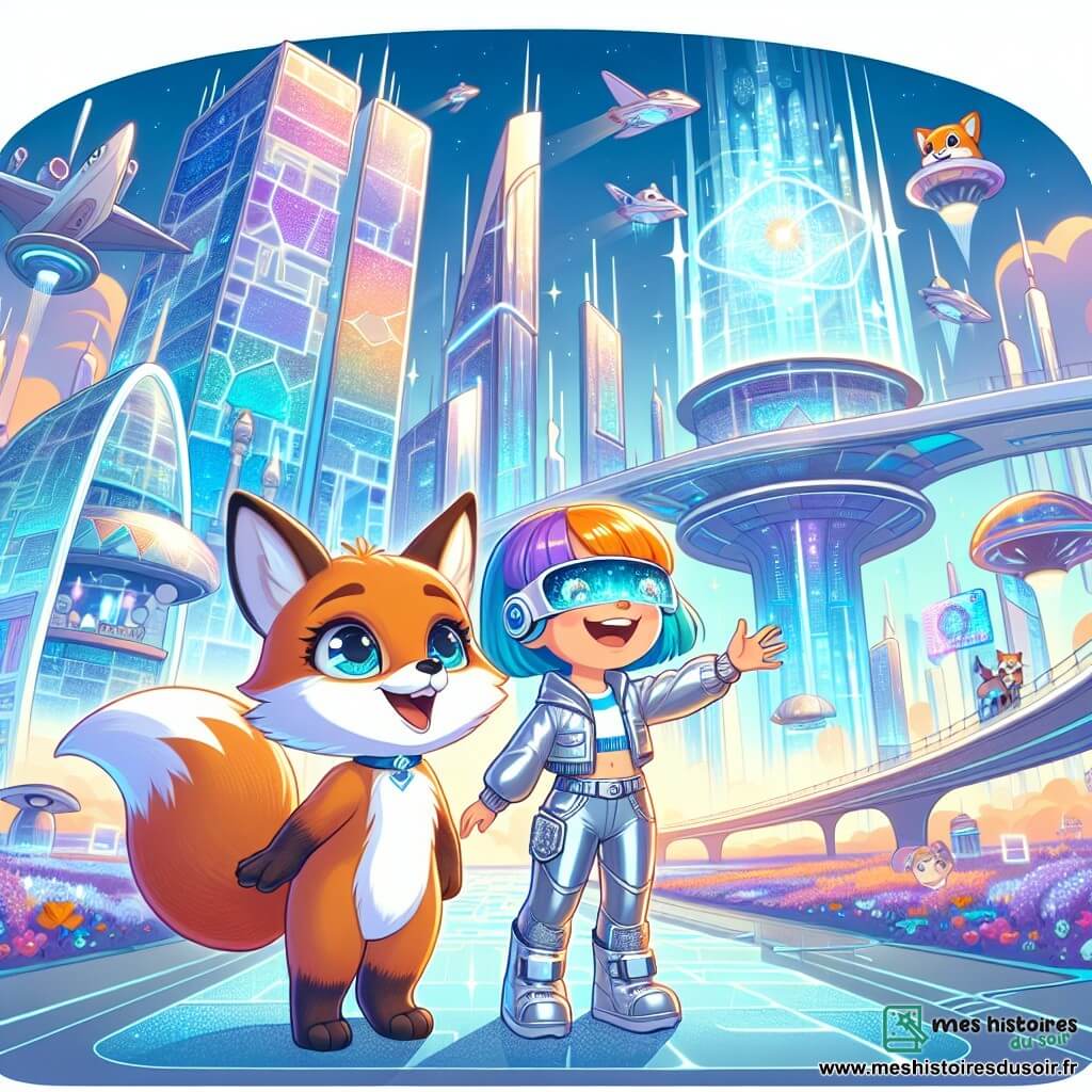 Au centre de l'image, un jeune renard nommé Flammèche, avec un pelage orange vif et des yeux malicieux, exprime de l'émerveillement en observant un bâtiment futuriste. À ses côtés, une petite fille aux cheveux bleus, portant une combinaison argentée et des lunettes de réalité augmentée, sourit en montrant quelque chose d'incroyable dans le ciel. En arrière-plan, la Techno-Cité se compose de bâtiments en verre, de jardins suspendus et de véhicules volants dans un ciel bleu. Des hologrammes ajoutent une touche de magie à l'environnement. Flammèche et Lila sont émerveillés par la beauté de cette ville futuriste, prêts à explorer un monde rempli de technologies et de surprises.