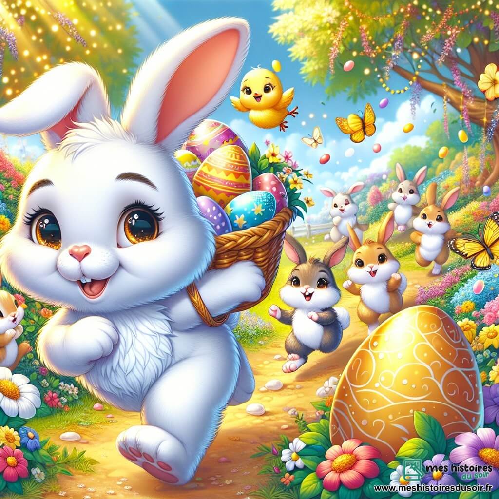 Un petit lapin nommé Léo, au pelage doux et blanc, danse joyeusement dans un jardin coloré avec un panier en osier rempli d'œufs de Pâques. À ses côtés, d'autres lapins aux pelages variés l'encouragent en dansant. Un poussin jaune, portant un chapeau, se tient près d'un grand œuf doré, accueillant avec enthousiasme. Le jardin est rempli de fleurs éclatantes, de papillons et d'arbres majestueux, le tout baigné par la lumière dorée du soleil. La scène illustre Léo découvrant un monde magique de Pâques, entouré de ses amis dans une ambiance festive.