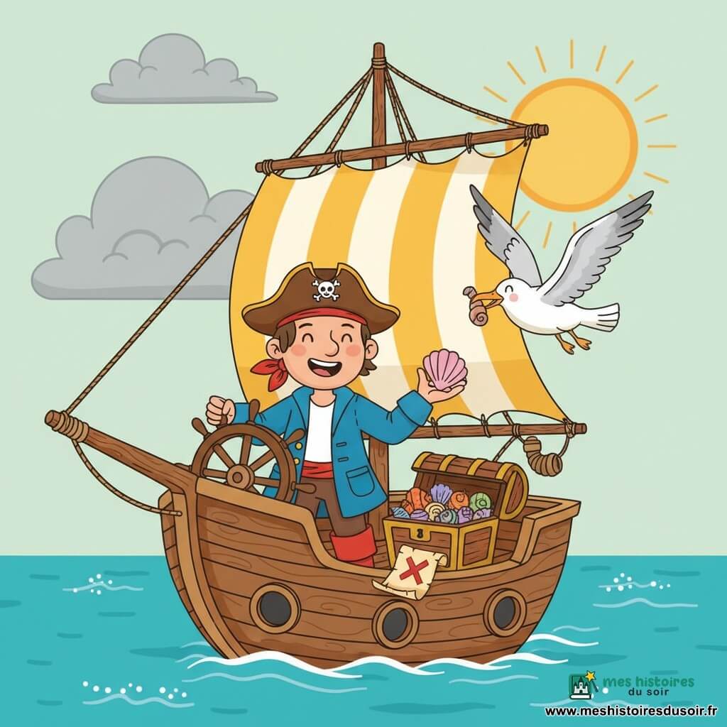 Léo, un pirate souriant coiffé d’un chapeau marron, veste bleue et bottes rouges, tient la barre d’une main et montre un coquillage de l’autre sur un petit bateau rond en bois à voile rayée jaune et blanche; une mouette blanc et gris vole près de lui en tenant un coquillage, et un coffre en bois ouvert sur le pont révèle des coquillages colorés et une carte avec une large croix rouge; la embarcation flotte sur une mer bleu turquoise aux petites vagues scintillantes sous un ciel partiellement nuageux — gros nuage gris à gauche et soleil doré à droite créant des reflets brillants — scène chaleureuse et lumineuse, couleurs vives, formes simples et composition centrée sur Léo et le coffre pour évoquer joie et découverte.