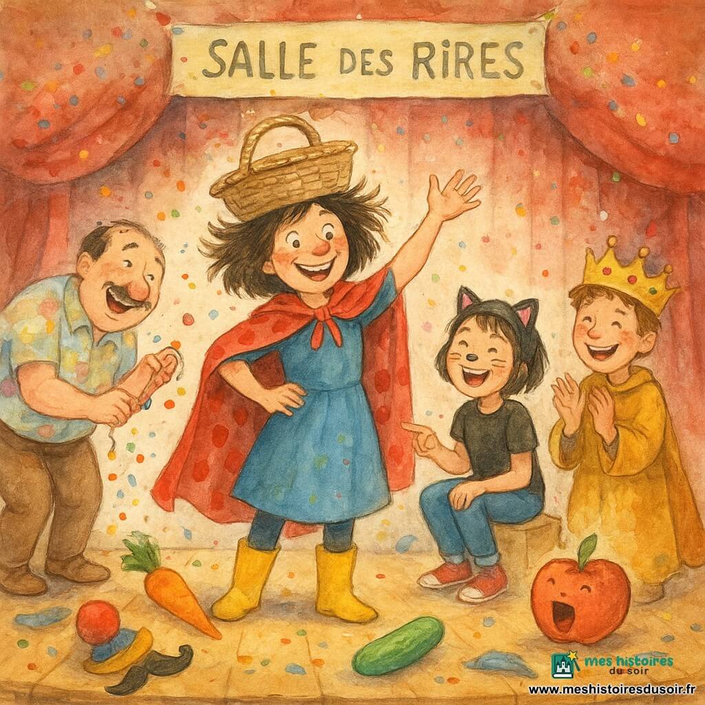 Super-Mimi, femme espiègle souriante coiffée en désordre avec cape rouge à pois, bottes jaunes et panier en osier de travers sur la tête, salue théâtralement au centre d'une petite scène intérieure « salle des Rires » (parquet usé, rideau rouge), tandis que Monsieur Bulle, enseignant rond et bienveillant à moustache fine et chemise colorée, penché à gauche, rit en tirant une ficelle de confettis ; à droite Lila, 8 ans déguisée en chat, assise sur un marchepied, éclate de rire en pointant une pomme chantante tombée au sol, et Sacha, 9 ans en costume doré de roi des biscuits, tient sa couronne de travers derrière Super-Mimi en riant et applaudissant; ambiance joyeuse après une maladresse avec pluie de confettis multicolores, légumes en plastique qui roulent, chapeaux et moustaches en carton éparpillés, mouvements exagérés et traits aquarelle doux avec éclaboussures contrôlées.