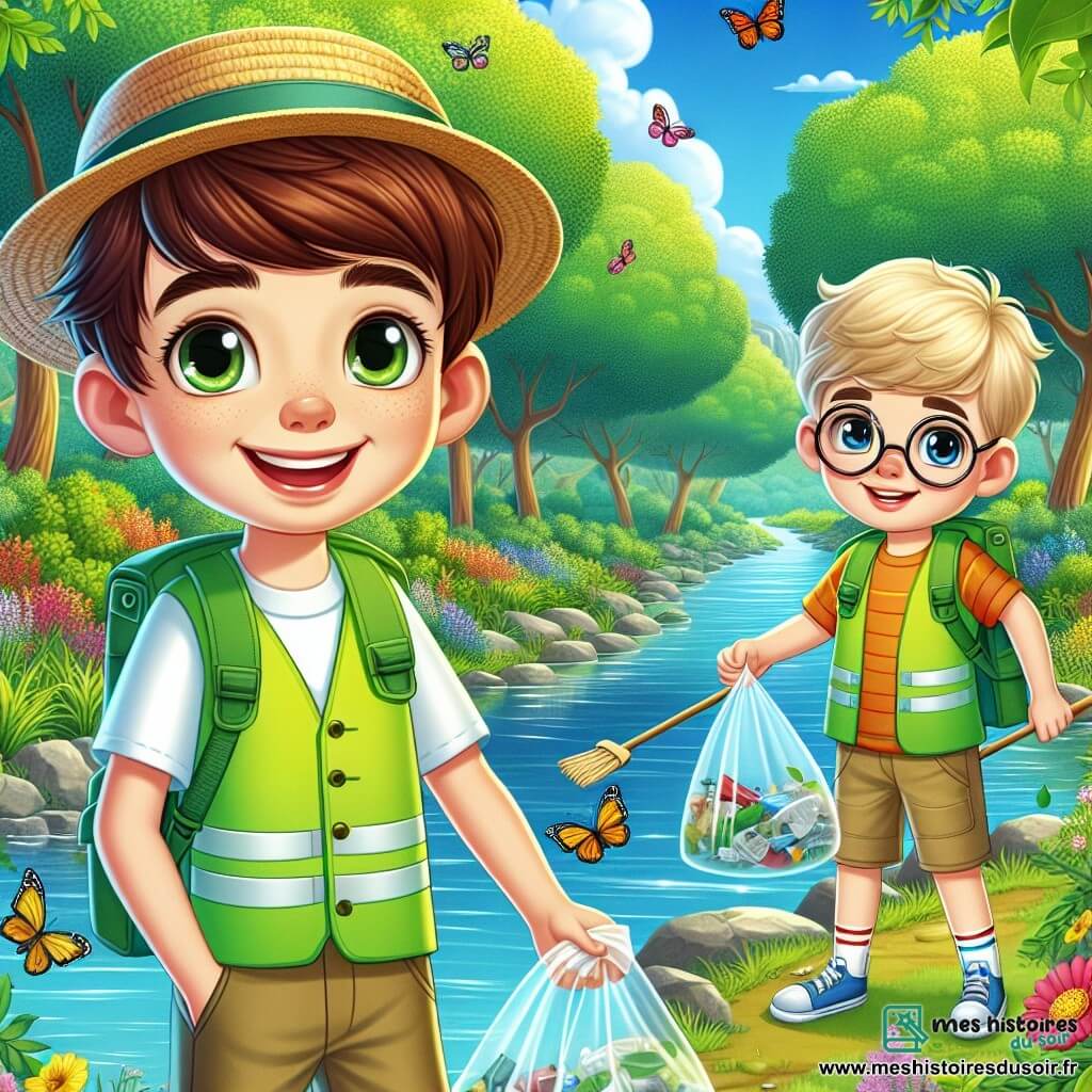 Lucas, un garçon de 10 ans aux cheveux châtains et aux yeux curieux, se tient au bord d'une rivière scintillante. Il porte un gilet fluorescent vert et un chapeau de paille, souriant de joie. À ses côtés, son ami Thomas, également âgé de 10 ans, aux cheveux blonds et lunettes rondes, ramasse des déchets avec un sac plastique, affichant une expression déterminée. Le décor est une réserve naturelle luxuriante avec des arbres majestueux, des fleurs colorées et des papillons multicolores. En arrière-plan, un ciel bleu clair avec des nuages blancs. Lucas et Thomas nettoient la rivière, entourés de déchets, montrant leur engagement pour la protection de l'environnement dans une atmosphère joyeuse.
