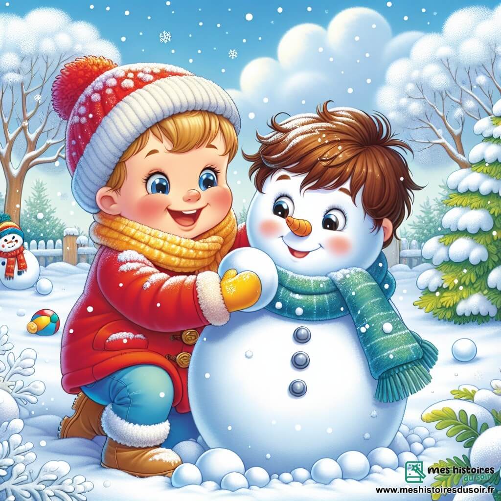 Un petit garçon de 3 ans, Tom, construit un bonhomme de neige dans un jardin enneigé. Il porte un manteau rouge, une écharpe bleue et des gants jaunes, souriant en roulant une boule de neige. À ses côtés, Lucas, 4 ans, avec des cheveux bruns en bataille et un bonnet vert, l’aide en ajoutant une boule de neige et rit en lançant une boule de neige en l’air. Le jardin est couvert de neige scintillante, avec des arbres chargés de flocons et un ciel bleu clair. La scène illustre l’amitié et la joie de l’hiver avec Tom et Lucas créant ensemble un bonhomme de neige.