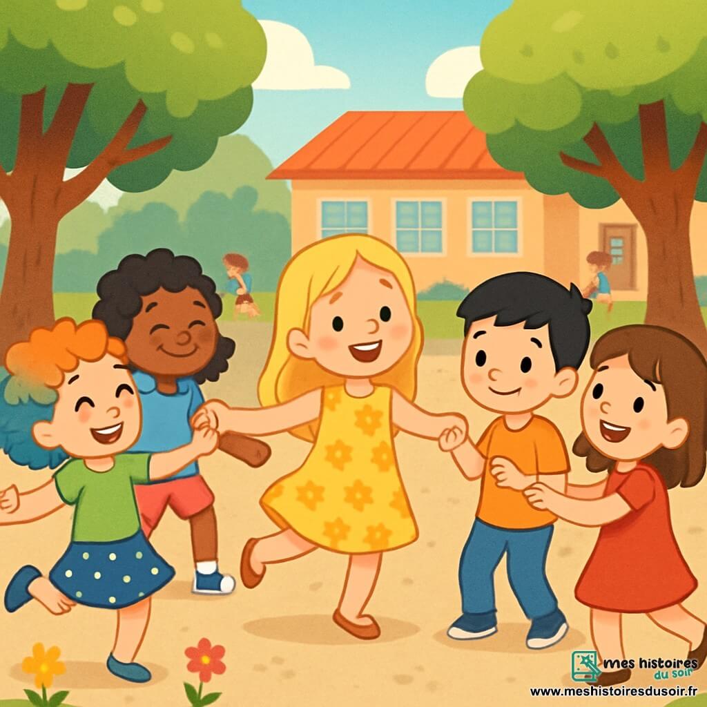Cinq enfants dansent dans une cour d'école ensoleillée. Léa, 8 ans, avec de longs cheveux blonds et une robe jaune à fleurs, danse joyeusement. Emma, 7 ans, avec des cheveux châtains et des lunettes rondes, porte un t-shirt bleu et un short rose, tenant la main de Lucas. Zoé, 8 ans, aux cheveux bouclés et colorés, est à gauche de Léa, dansant avec un t-shirt vert et une jupe à pois. Sarah, 7 ans, avec des cheveux bruns et une robe rouge, se tient à droite de Léa, riant et encourageant Lucas. Lucas, 8 ans, avec des cheveux noirs et un t-shirt orange, sourit et danse pour la première fois, entouré par les filles. La cour, avec des arbres et des fleurs, crée une atmosphère joyeuse, illustrant l'inclusion et la gentillesse.