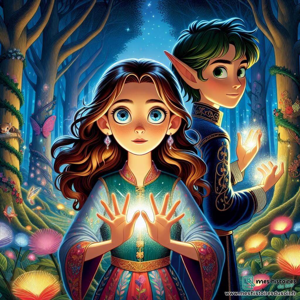 Au centre de l'image, Lou, une fille de 12 ans, a un regard émerveillé et déterminé. Elle a de longs cheveux bruns légèrement ondulés et porte une robe colorée à motifs floraux, ainsi qu'un pendentif scintillant. Ses yeux brillent d'excitation alors qu'elle lève les mains, canalisant une magie lumineuse. À ses côtés, Elin, un elfe de 14 ans aux cheveux verts, sourit et se tient prêt à l'aider. En arrière-plan, une forêt enchantée avec des arbres majestueux et des fleurs multicolores émet une douce lueur, peuplée de créatures fantastiques. Lou libère une puissante énergie magique, créant une barrière de lumière pour protéger son monde des forces obscures, tandis qu'une ombre menaçante, le Noxar, se profile à l'horizon.