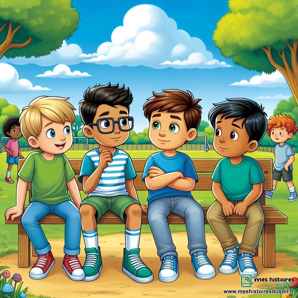 Dans un parc ensoleillé, Max, un garçon de dix ans aux cheveux châtains, est assis sur un banc, pensif, tandis que son ami Tom, également âgé de dix ans et portant des lunettes, le regarde avec un sourire. Ethan, un autre garçon de dix ans aux cheveux noirs, s'approche avec un air désolé, et Lucas, un garçon de neuf ans aux cheveux roux, les observe amicalement. Le parc est verdoyant, avec de grands arbres, des fleurs colorées et un ciel bleu. Au fond, des enfants jouent au football. Max et ses amis discutent calmement après une petite dispute, apprenant à écouter et à exprimer leurs sentiments pour renforcer leur amitié.