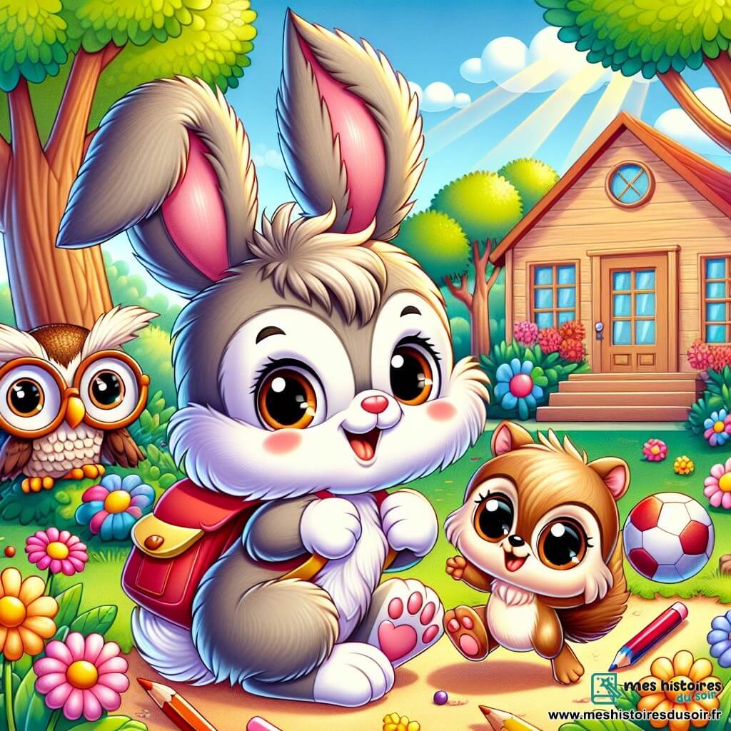 Illustration d'un petit lapin aux grandes oreilles, au pelage soyeux et aux yeux curieux, souriant avec un cartable rouge sur le dos, au milieu d'une cour d'école entourée de fleurs colorées, jouant avec des amis. À ses côtés, un écureuil à la fourrure brune tient un ballon, tandis qu'une chouette sage, portant des lunettes, observe les enfants avec bienveillance. La cour, ensoleillée et animée, est entourée d'arbres majestueux et d'un bâtiment en bois. Les enfants s'amusent, découvrant la joie de la rentrée, avec des crayons et des livres autour d'eux, symbolisant l'apprentissage et la créativité. L'ambiance est joyeuse, illustrant le début d'une belle aventure scolaire.