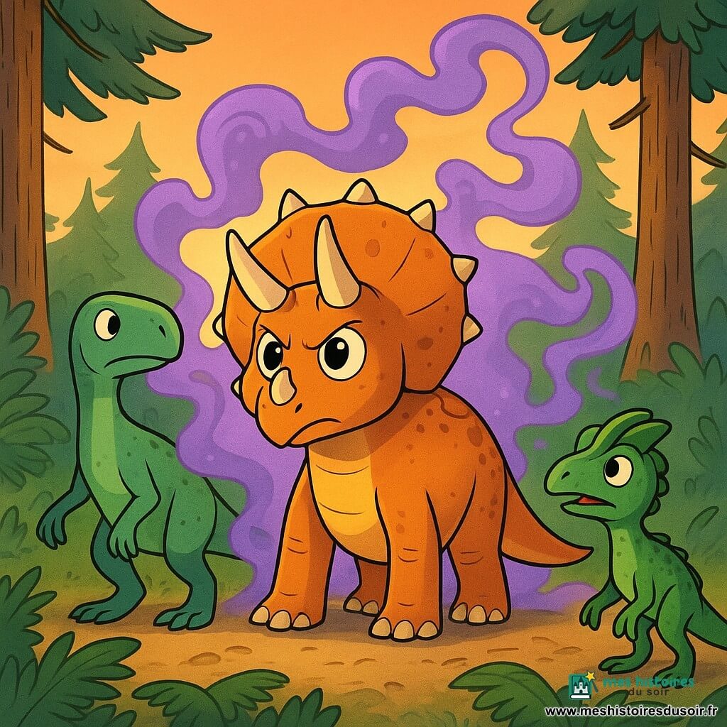Téra, un tricératops curieux, est au centre de l'image avec ses trois cornes dressées et ses yeux déterminés. Elle se tient fermement sur le sol, entourée de fumée violette. À sa droite, Dilo, un dilophosaure espiègle, observe avec crainte et curiosité, ses écailles vertes scintillant. À gauche, Iggy, un iguanodon aux bras longs, regarde Téra avec admiration, ses yeux reflétant doute et espoir. La scène se déroule dans une forêt préhistorique avec des fougères géantes et des troncs de conifères sous un ciel orangé. La fumée violette serpente entre les arbres, créant une atmosphère mystérieuse. La situation montre Téra et ses amis prêts à affronter leurs peurs, unis dans un moment de courage collectif.