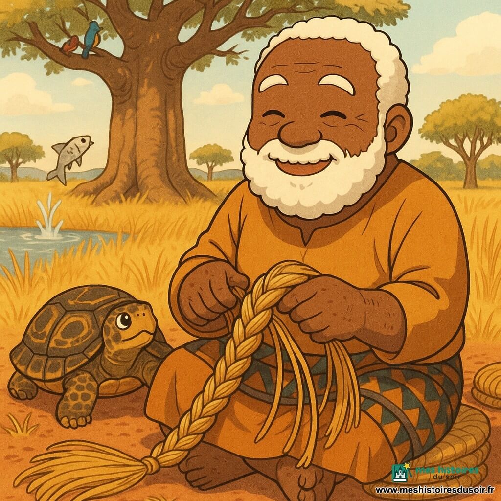 Baba, environ 60 ans, visage rond et barbe blanche douce, sourire calme et yeux rieurs, est assis sous un grand baobab et tresse une grosse natte en fibres naturelles; il porte une tunique ocre et un pagne à motifs, ses mains larges marquées de cicatrices montrent une expression patiente et sereine. Une tortue lente à carapace sombre marbrée de jaune avance à sa gauche comme pour l'encourager, et un petit poisson argenté saute du fleuve à l'arrière-plan en éclaboussant. Le décor présente herbe haute dorée, quelques manguiers au loin, sol de terre rouge et coussins de brins de natte autour de lui, oiseaux colorés perchés dans l'arbre; lumière douce du matin aux tons chauds (jaune, orange, ocre), ombres longues, atmosphère paisible et intime, style manga simple aux traits doux, couleurs vives et textures visibles, composition centrée sur Baba et sa natte.