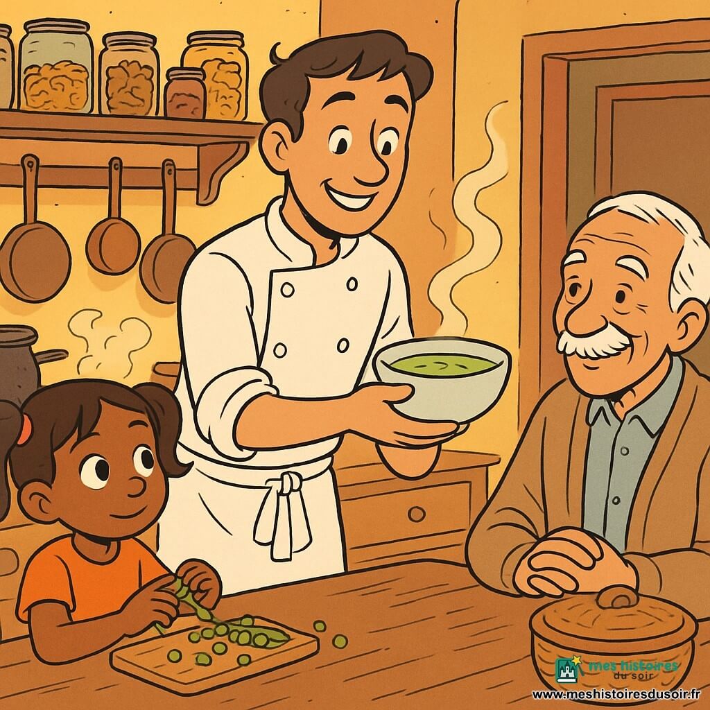 Noé, chef cuisinier d'une trentaine d'années, souriant, en tablier blanc et chemise retroussée, tend vers la droite un bol fumant de soupe verte ; Zoé, fille d'environ six ans aux couettes et yeux émerveillés, est à gauche près d'une planche en bois en train d'écosser des petits pois dont quelques perles roulent sur le plan de travail ; Monsieur Marcel, un homme de 75 ans aux cheveux blancs et moustache fine, est assis en retrait près de la porte, emmitouflé dans un cardigan, souriant timidement vers Noé, un panier fermé posé entre eux ; la cuisine du petit restaurant « Le Nuage Doré » montre un grand plan de travail en bois, une marmite en fonte fumante, étagères garnies de bocaux, casseroles en cuivre suspendues et une lumière chaude jaune-orangée créant des ombres douces — moment tendre et chaleureux où Noé offre la soupe-jardin pendant que Zoé prépare les petits pois.
