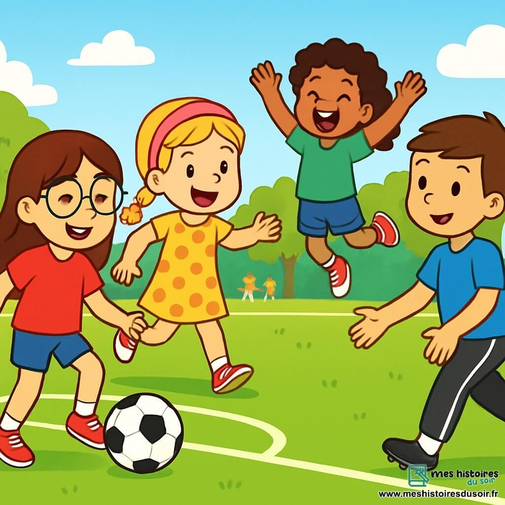 Quatre enfants jouent au foot : Lina, 8 ans, cheveux bruns et lunettes, dribble avec un sourire ; Emma, 7 ans, cheveux blonds en tresses, court vers le ballon ; Zoé, 8 ans, cheveux bouclés, saute pour attraper le ballon ; Yanis, 9 ans, cheveux courts, passe le ballon à Lina. Ils sont sur un terrain de foot en pleine air, entouré d'arbres et d'autres enfants jouant. La scène illustre l'amitié et la joie.