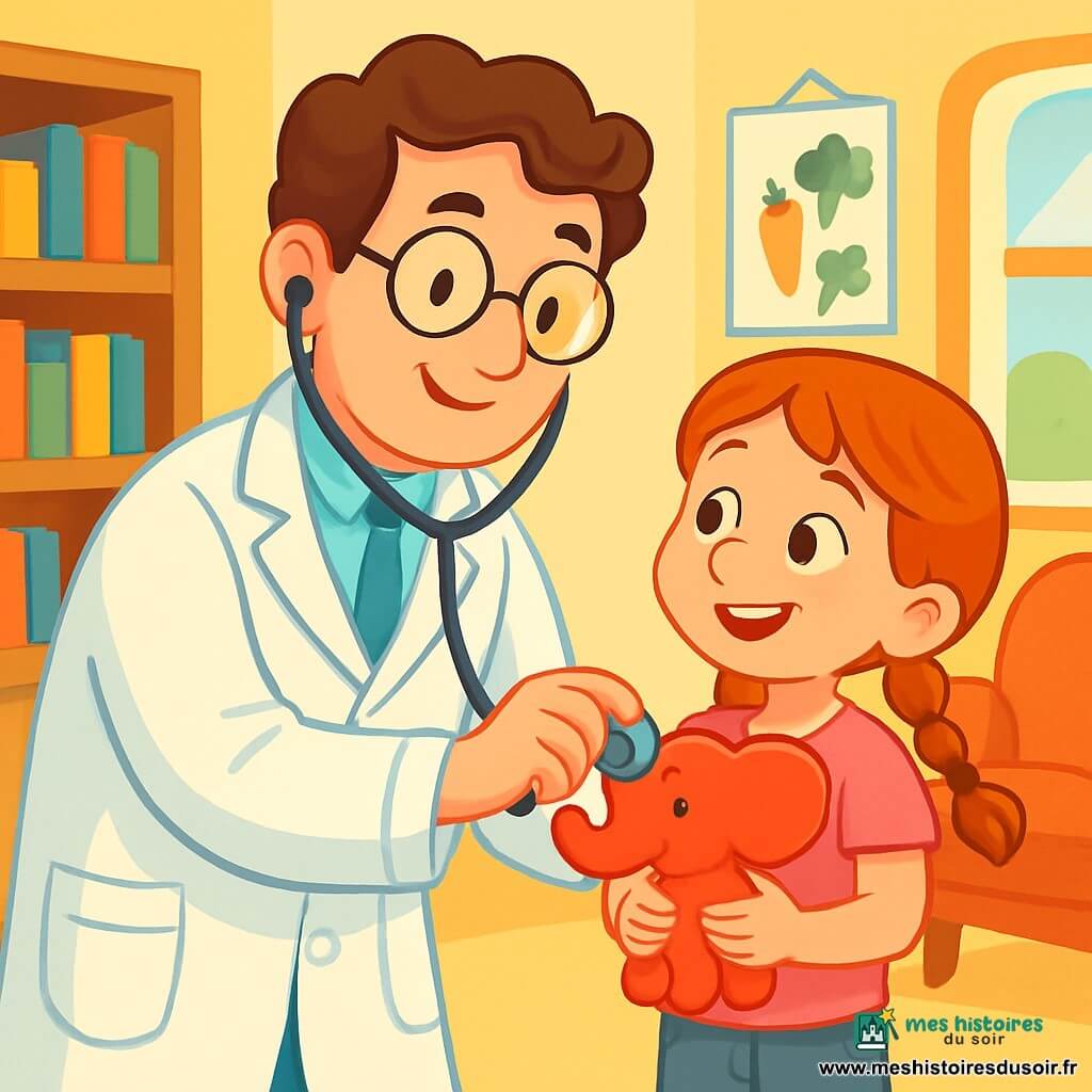 Un homme, le Docteur Martin, souriant, porte une blouse blanche. Il a des cheveux bruns ondulés et des lunettes rondes. Il écoute le cœur d'une petite fille, Emma, 7 ans, aux tresses rousses et yeux pétillants, qui le regarde avec curiosité. Elle porte un t-shirt rose et un pantalon en jean, tenant un ballon en forme d'éléphant. Le cabinet est chaleureux, avec des murs jaune pastel, des étagères de livres colorés et des affiches de fruits. Le Docteur Martin examine Emma avec soin, tandis qu'elle sourit, créant une atmosphère joyeuse et colorée, illustrant leur lien de confiance.
