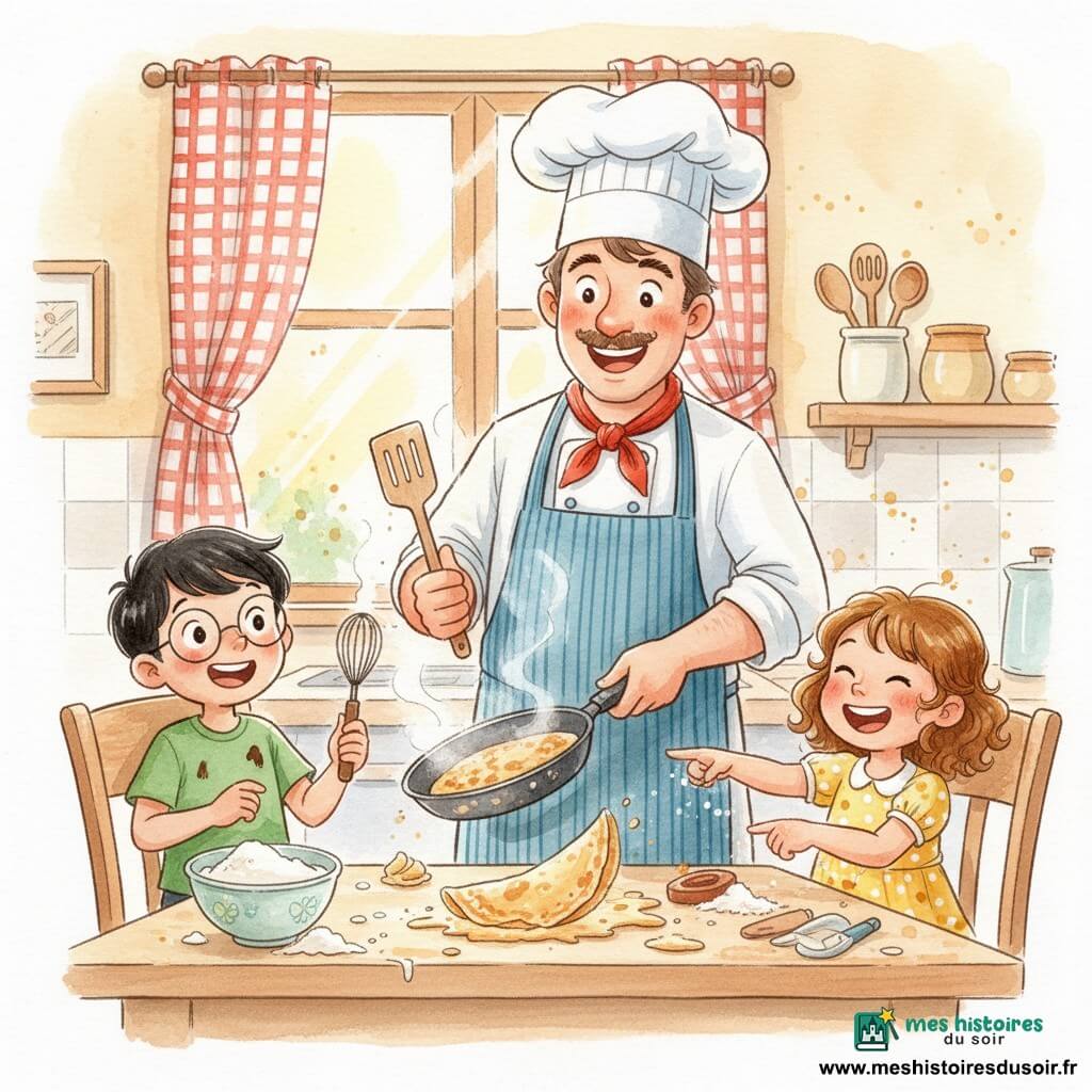 Un chef souriant en toque et tablier rayé retourne une crêpe dorée dans une poêle fumante tandis que Clara, 6 ans, cheveux bouclés châtain clair en robe jaune à pois, les mains farineuses, rit et pointe la crêpe tombée sur la table, et Hugo, 7 ans, cheveux courts noirs et lunettes rondes en t‑shirt vert taché de chocolat, tient un petit fouet, émerveillé ; petite cuisine chaleureuse avec table en bois, miettes, rideaux rouges à carreaux, pots en céramique, bol renversé de farine et soleil entrant par la fenêtre — ambiance conviviale et colorée, vapeur et éclaboussures visibles, composition centrée sur la table et les trois personnages.