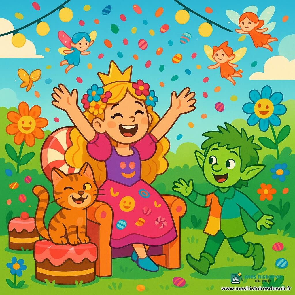 La princesse Pétulante, une jeune fille joyeuse de 10 ans aux longs cheveux bouclés et dorés ornés de fleurs, porte une robe éclatante rose et violet avec des motifs de rires. Elle rayonne de bonheur sur un trône en bonbons, levant les bras pour accueillir ses invités. À ses côtés, Grignote, un chat espiègle au pelage tigré, s'amuse sur le trône, tandis que Lutin Loulou, un petit bonhomme à la peau verte et aux cheveux ébouriffés, s'approche avec un grand sourire, prêt à raconter une blague. Le décor est un jardin enchanté rempli de fleurs chantantes, de guirlandes lumineuses et de gâteaux dansants, avec des fées volant autour. Pétulante annonce le début du concours de blagues, entourée de rires et de joie, sous une pluie de bonbons colorés.
