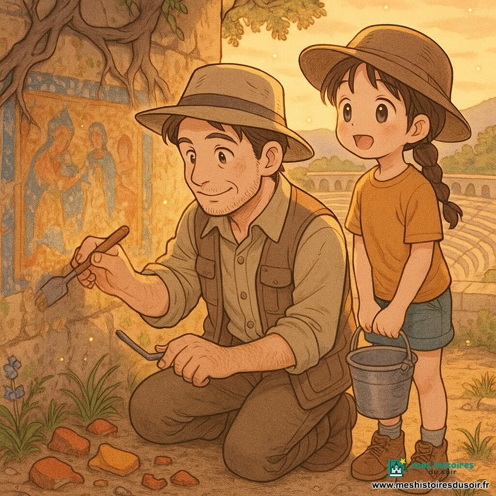 Un archéologue d'une quarantaine d'années au sourire doux et aux yeux curieux, chemise beige poussière, chapeau large et gilet à poches, agenouillé avec une truelle et un pinceau fin, nettoyant délicatement une fresque bleue, ocre et rouge sur un mur ancien ; une fille, Léa, environ 10 ans, fille, cheveux châtains en tresse, chapeau trop grand, yeux émerveillés, se tient derrière lui à droite avec un petit seau en regardant la fresque avec admiration ; lieu : belvédère en pierre surplombant un amphithéâtre antique, sol terreux avec fragments de poterie rouges et jaunes, herbes sauvages, fleurs bleues et racines grises recouvrant partiellement le mur ; coucher de soleil à la lumière dorée chaude illuminant la scène, ambiance calme, magique et respectueuse avec poussières lumineuses flottantes ; style : traits manga doux, visages ronds et expressifs, couleurs chaudes et textures terreuses, composition centrée sur la fresque et les deux personnages.