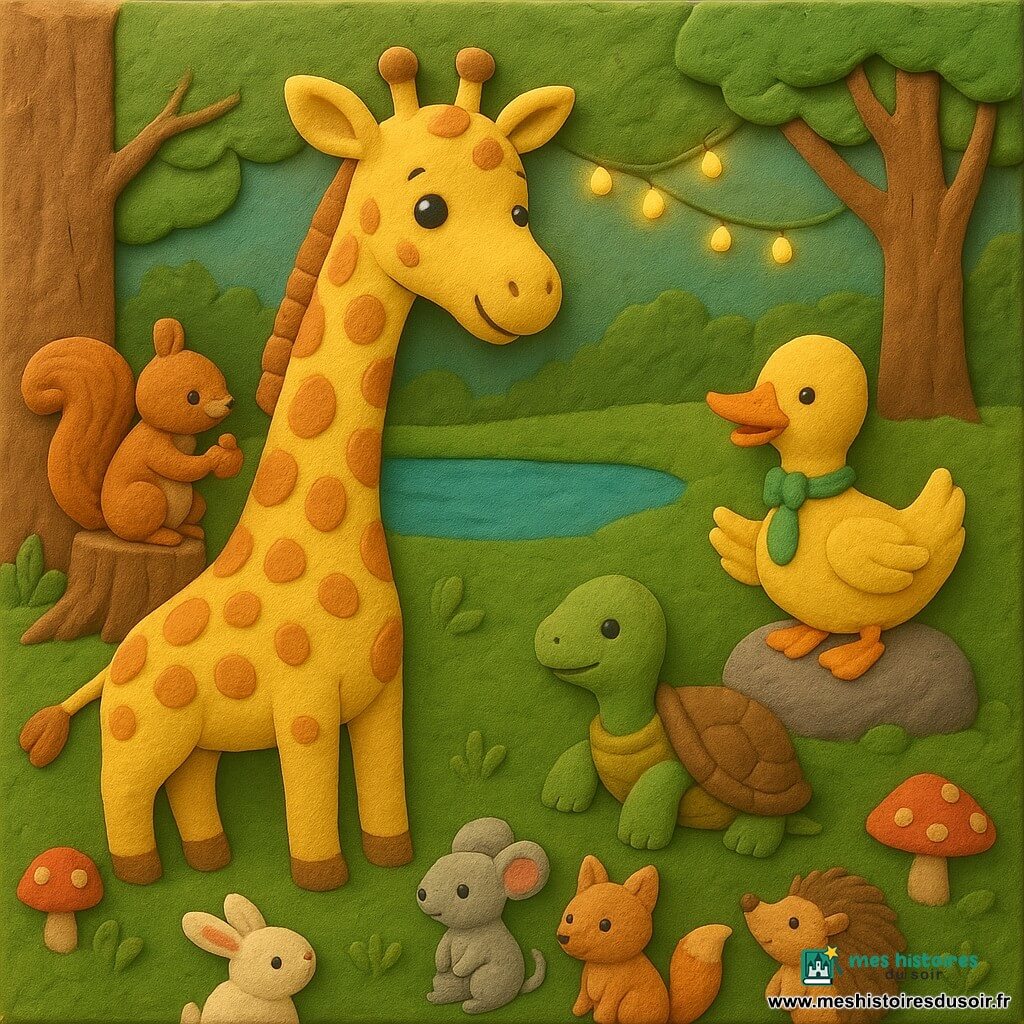 Lila, une grande girafe au visage doux et au long cou tacheté, penchée comme pour chuchoter au centre d'une clairière, raconte une histoire tandis qu'autour d'elle un canard à cravate verte applaudit assis sur une pierre, un écureuil roux jongle une petite pomme depuis un tronc, une tortue à la carapace verte et marron observe paisiblement au premier plan et plusieurs petits animaux — un lapin blanc, une souris grise, un renard roux pâle et un hérisson brun — sont assis en cercle sur la mousse; la clairière, couverte d'une mousse douce avec quelques champignons, une guirlande de lucioles suspendue et un petit étang miroir, est baignée d'une lumière dorée de fin de journée.