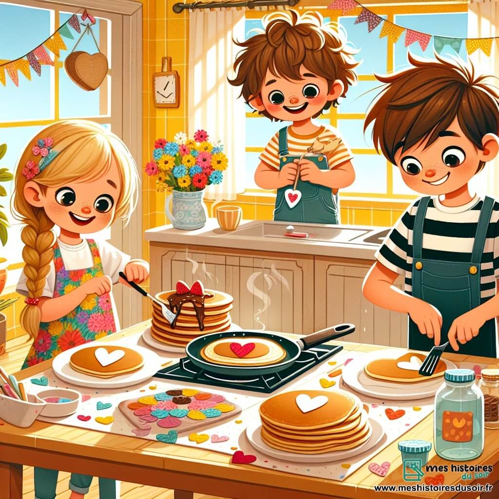 Trois enfants sont réunis dans une cuisine ensoleillée : Lucas, 8 ans, avec des cheveux bruns en bataille et des lunettes rondes, est devant la cuisinière, souriant avec une spatule pour retourner un pancake en forme de cœur. Emma, 7 ans, avec des cheveux blonds tressés et une robe colorée à fleurs, décore la table avec des fleurs en papier multicolores, les yeux pétillants de joie. Tom, 9 ans, avec des cheveux châtains et un t-shirt à rayures, sort un pot de chocolat d'un petit sac en toile, riant. La cuisine est lumineuse avec des murs jaunes et des fenêtres ouvertes. Les enfants préparent une surprise pour la fête des pères, illustrant l'amour et la joie partagés en cette belle journée.