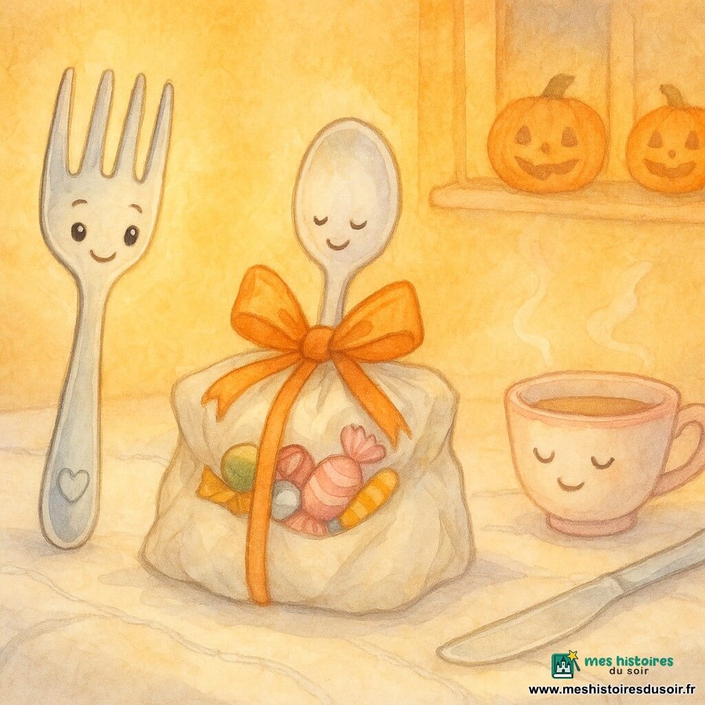 Une petite fourchette argentée, nommée Fourchounette, avec un cœur gravé sur le manche, brille d'un éclat curieux et joyeux. Elle est posée sur une nappe blanche ornée de fils argentés, qui danse doucement sous une lumière orangée. À côté d'elle, une cuillère ronde et douce, Cuilli, sourit en chantonnant, tandis qu'une tasse à thé au bord rose, Tassela, souffle délicatement sur la nappe. Un couteau sage, Monsieur Tranchant, lisse un coin de la nappe avec précaution. La scène se déroule dans une cuisine chaleureuse aux murs jaunes, où des citrouilles souriantes décorent le seuil. La situation principale montre la nappe qui se transforme en un paquet surprise rempli de friandises, entourée d'ustensiles qui collaborent joyeusement pour préparer une fête d'Halloween magique et colorée.