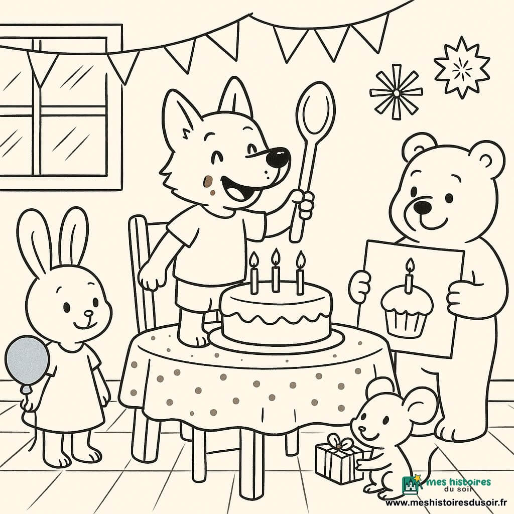 Petit Loup, un jeune loup anthropomorphe souriant avec une tache de chocolat sur le museau, debout sur une chaise et tenant une grande cuillère près d’un gâteau rond sur la table ; à gauche, Lapin, aux longues oreilles, tient un ballon bleu attaché à sa patte et regarde le gâteau ; à droite, Ours, un ourson trapu et souriant, tient une grande carte près de la chaise ; Souris, petite souris grise, perchée sur le bord de la table, offre un petit paquet avec une clochette ; scène : cuisine chaleureuse avec table en bois nappée à pois, fenêtre laissant entrer un rayon de soleil et guirlandes au mur ; ambiance : fête d’anniversaire intime et joyeuse, décor festif simple, rires et gestes de danse, bougies prêtes à être soufflées.