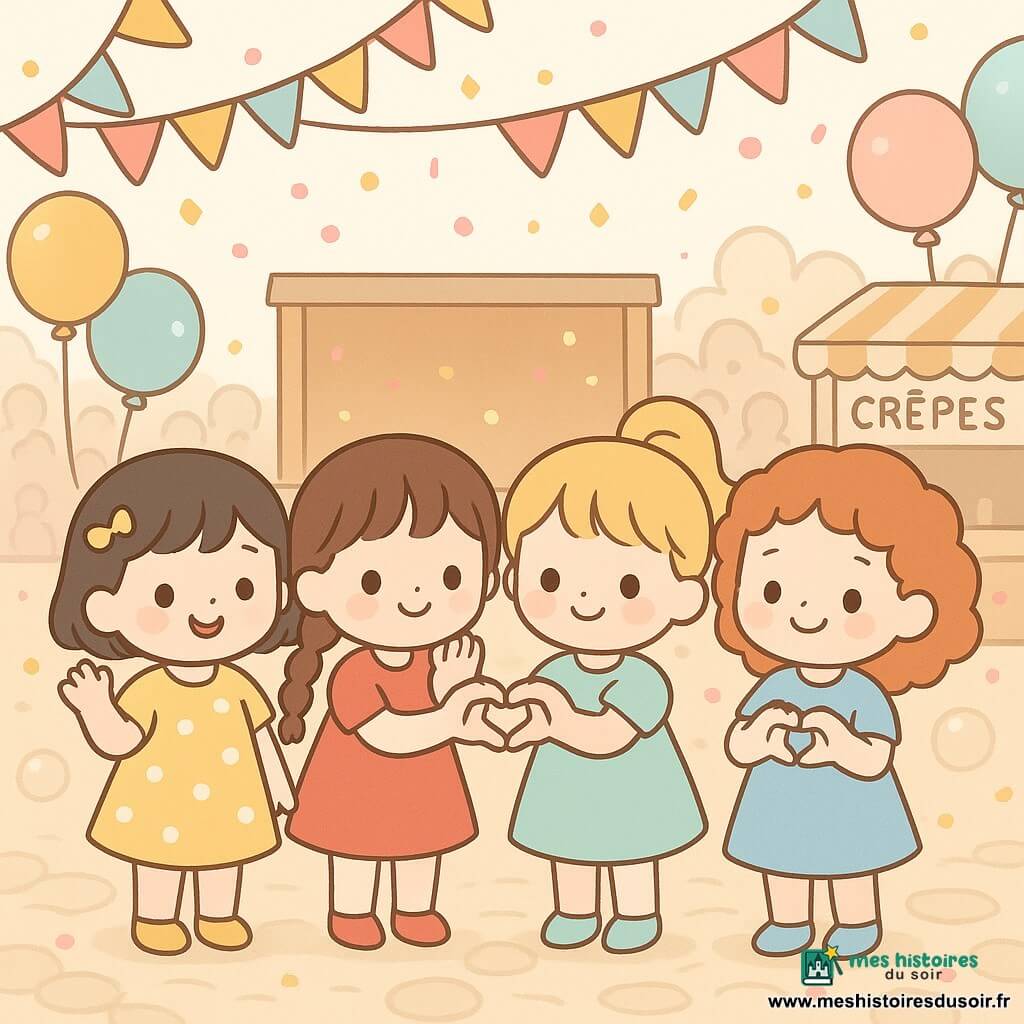 Quatre filles de 3 ans — Lila (robe jaune à pois blancs, cheveux courts noirs, à gauche, main levée), Mina (robe rouge, tresses brunes, à côté de Lila, chuchotant vers le public), Zoé (robe menthe, cheveux blonds en couette, à droite de Mina) et Ana (robe bleu ciel, cheveux roux bouclés, à l’extrême droite) — sont alignées devant une estrade sur une place de carnaval en plein jour, formant ensemble un grand cœur avec leurs mains jointes; autour d’elles guirlandes colorées, confettis roses et dorés, ballons pastels, tambours, paillettes et bulles flottent, le public flou applaudit, le style est aux couleurs vives, contours arrondis et expressions joyeuses, simple et lisible pour un enfant.