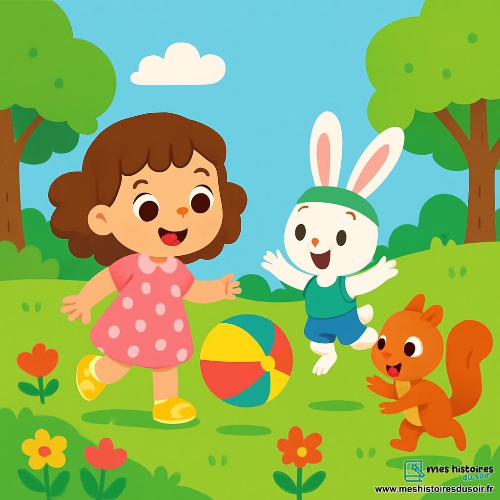 Une petite fille de 4 ans, Louise, avec de grands yeux brillants et des cheveux châtains bouclés, sourit en tapant dans un ballon coloré. Elle porte une robe rose à pois blancs et des sandales jaunes. À ses côtés, un petit lapin blanc nommé Pompon, avec des oreilles longues, porte un short bleu et un bandeau vert. Il saute, prêt à attraper le ballon. Un écureuil nommé Nino, avec une fourrure rousse, court rapidement, prêt à faire une passe. Le tout se déroule dans un jardin verdoyant, rempli de fleurs colorées et d’arbres majestueux, sous un ciel bleu éclatant. Louise, Pompon et Nino jouent ensemble au ballon, créant une ambiance joyeuse.