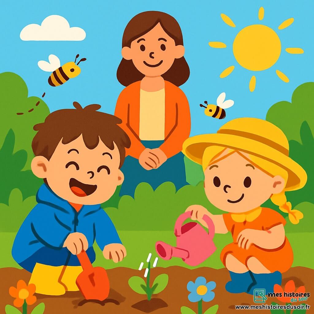 Un petit garçon de 2 ans, Paul, avec des cheveux bruns en désordre et un grand sourire, est accroupi dans un jardin ensoleillé avec une petite pelle rouge. Il porte un manteau bleu vif et des bottes jaunes. À côté de lui, sa copine Zoé, également âgée de 2 ans, arrose une graine avec un arrosoir rose. Le jardin est rempli de terre brune, de fleurs colorées et d'abeilles. En arrière-plan, une maîtresse souriante observe les enfants, entourée d'arbres et d'un ciel bleu clair. La scène montre Paul et Zoé plantant des fleurs, heureux de contribuer à la nature, sous les rayons du soleil.