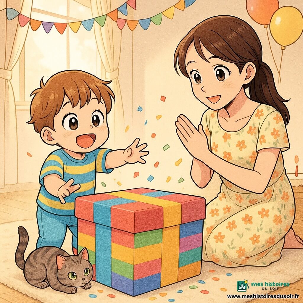 Garçon de 2 ans joufflu, expression joyeuse et émerveillée, cheveux châtain clair en mèches, t-shirt rayé bleu et jaune et pantalon en coton, touchant une grande boîte colorée qui fait « pouf » au centre du tapis ; maman d'environ 30 ans accroupie derrière la boîte, sourire doux, cheveux longs attachés, robe légère à fleurs, mains prêtes à applaudir ; petit chat gris tigré aux yeux verts roulé en boule près du tapis, queue relevée ; salon baigné de lumière du matin, murs crème, grandes fenêtres avec rideaux légers, guirlandes en papier, ballons au plafond et gâteau simple sur une table basse à droite ; ambiance surprise et fête avec confettis, couleurs vives et palette pastel, traits nets et expressions exagérées style manga.