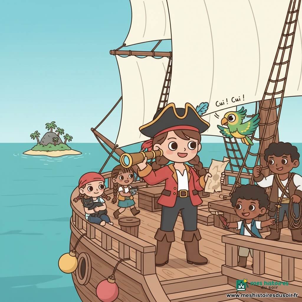 Capitaine Lou, femme pirate malicieuse, tient une longue-vue dorée et une carte au trésor sur le pont du “Joyeux Dauphin” ; elle porte un tricorne noir à plume bleue, veste rouge courte, bottes marron et une mèche rebelle, tandis que Biscotte, perroquet vert et jaune, vole près de son épaule ; Moussa (≈11 ans) tient des cordages, Pablo (≈10 ans) pointe l’horizon, Zoé (≈9 ans) tient le chat noir Gribouille assise près du bastingage et Mina (≈8 ans) saute avec une boussole ouverte ; bateau en bois aux grandes voiles blanches, mer turquoise calme, ciel clair et au loin une petite île aux palmiers et plage dorée ; scène kawaii minimal d’émerveillement montrant l’équipage découvrant une île changeante, couleurs pastels vives, formes arrondies et atmosphère joyeuse.