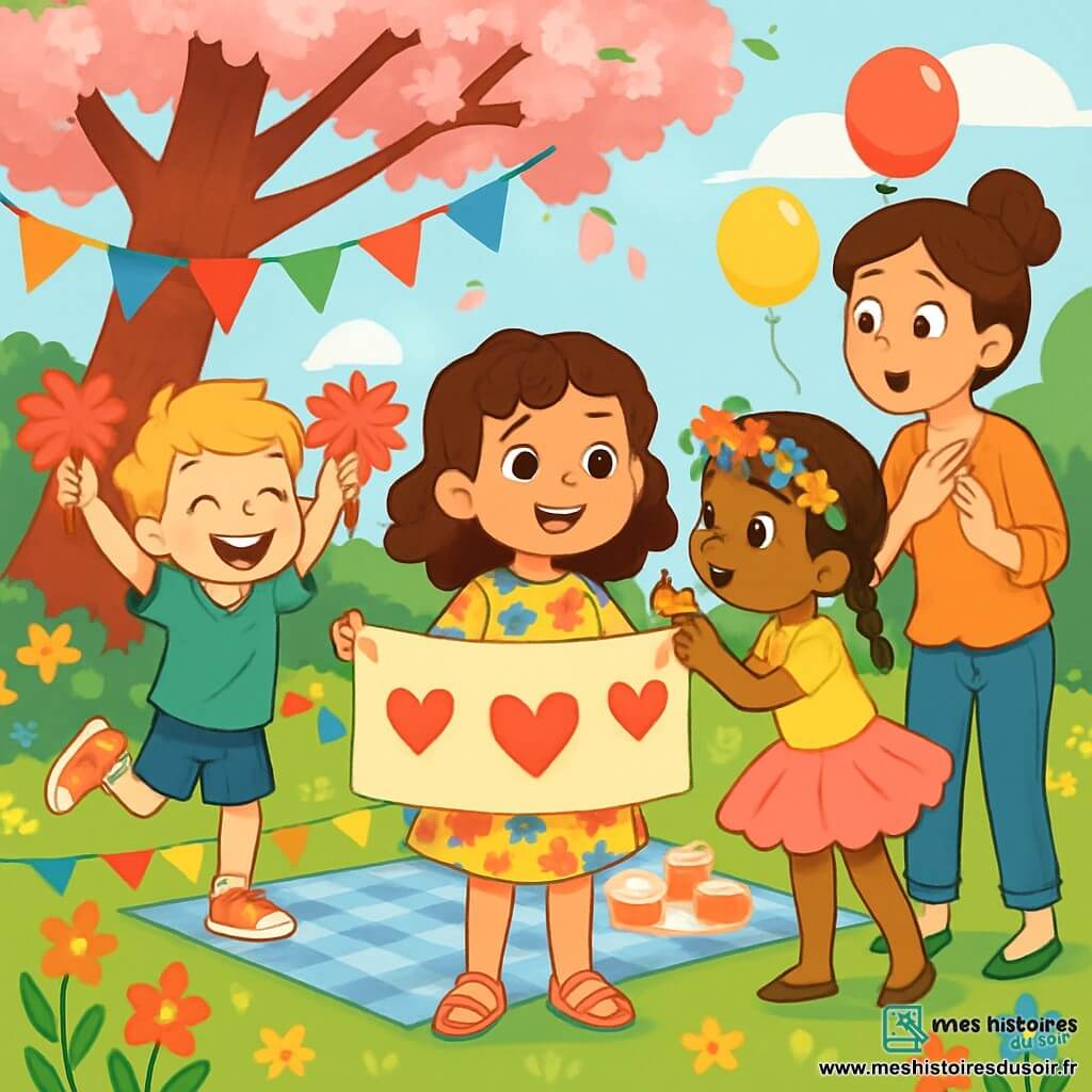 Quatre personnages sont présents : Léa, une fille de 8 ans avec des cheveux châtains bouclés, souriante au centre, tenant une banderole décorée de cœurs ; Tom, un garçon de 8 ans avec des cheveux blonds en bataille, à gauche de Léa, agitant des pompons ; Inès, une fille de 8 ans avec des cheveux noirs tressés, à droite de Léa, tenant une couronne de fleurs ; et Sophie, une femme d’environ 35 ans, légèrement en arrière, surprise en découvrant le jardin décoré. La scène se déroule dans un jardin ensoleillé, rempli de fleurs colorées et de ballons, avec une couverture à carreaux sur l’herbe et un cerisier en fleurs en arrière-plan. Léa, Tom et Inès célèbrent la fête des mères, tandis que Sophie, émue, découvre la surprise, prête à recevoir un câlin collectif.
