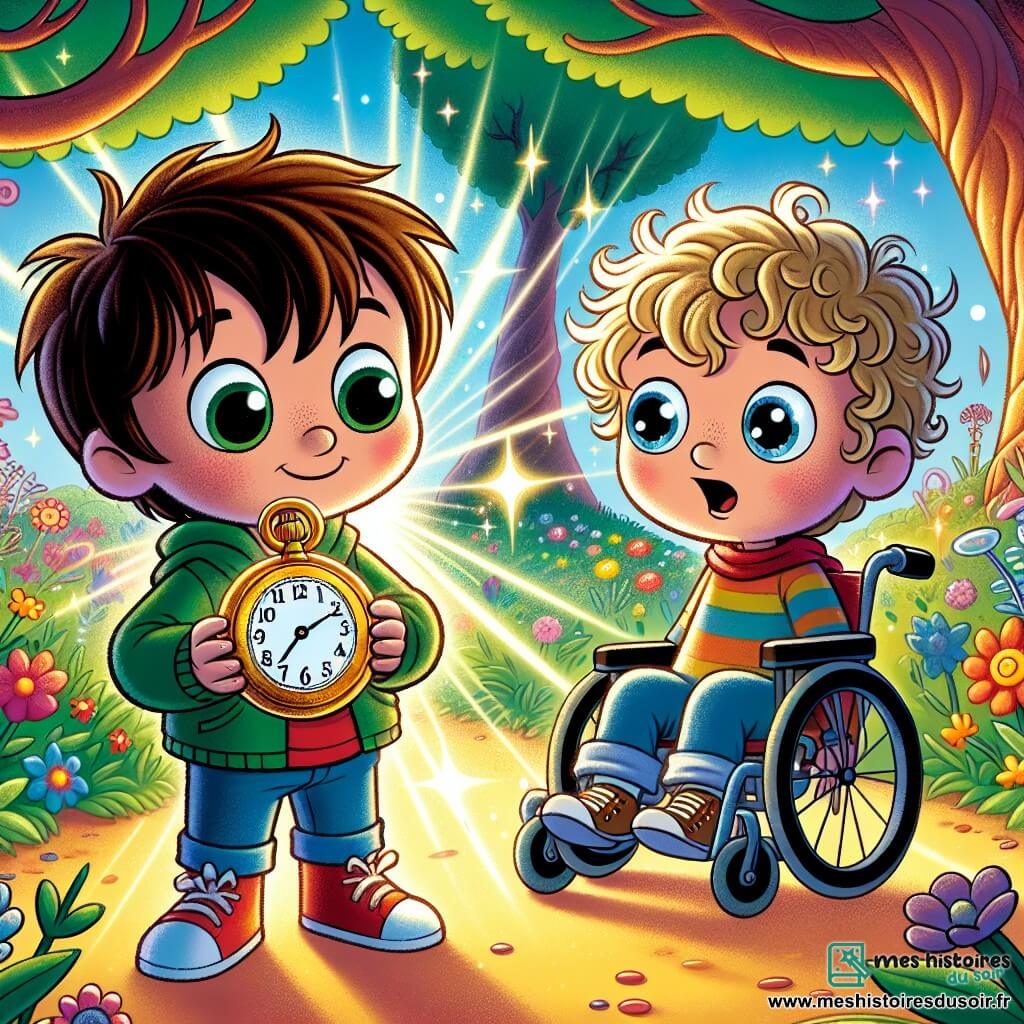 Max, un garçon de trois ans aux grands yeux curieux et cheveux bruns en bataille, se tient à gauche avec une montre ancienne brillante dans les mains et un sourire émerveillé. À droite, Tom, également âgé de trois ans, avec des cheveux blonds bouclés et un fauteuil roulant coloré, regarde Max avec excitation. Ils sont dans un jardin ensoleillé rempli de fleurs colorées et d'un grand chêne majestueux. La lumière du soleil filtre à travers les feuilles, créant des ombres dansantes. Max et Tom, entourés de couleurs scintillantes, viennent de découvrir la montre magique, sur le point d'être transportés dans un monde merveilleux avec des étoiles brillantes.