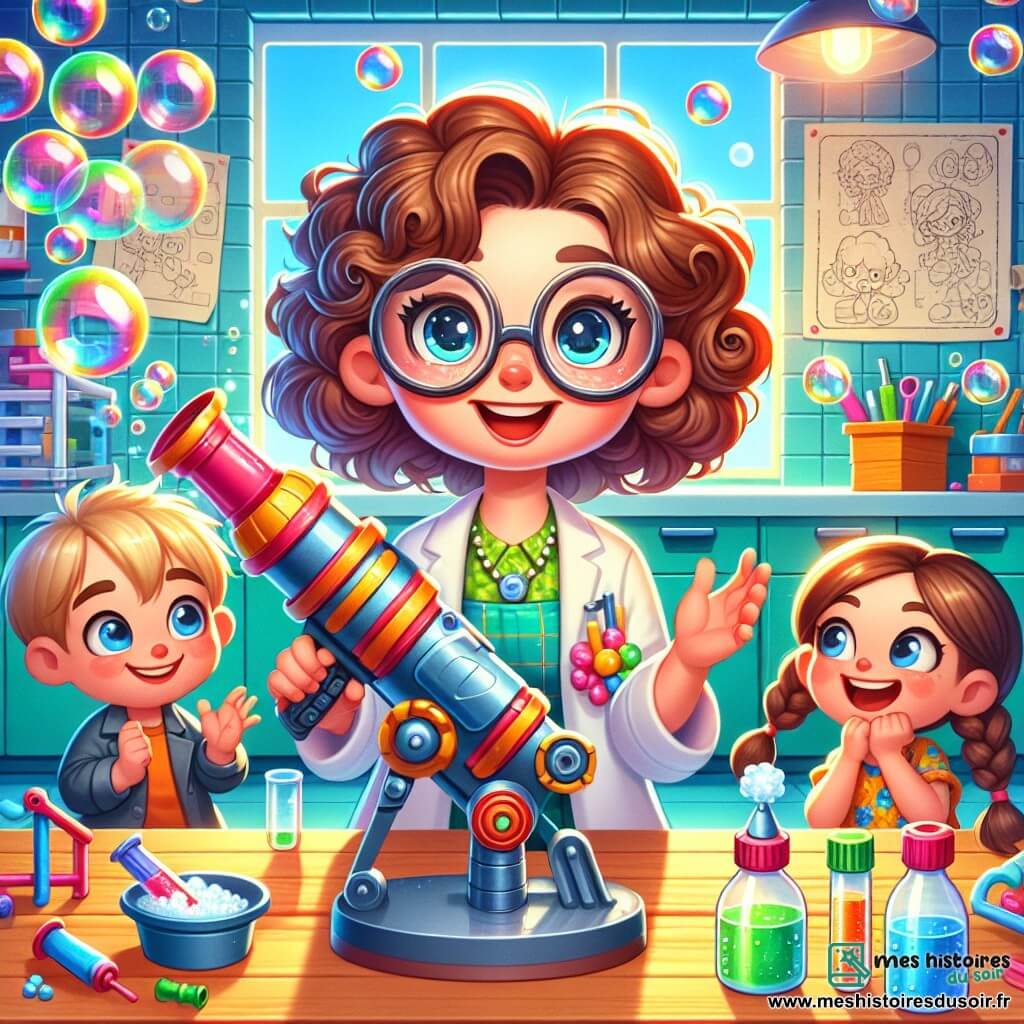 Lulu, une femme aux cheveux bouclés et bruns, porte une blouse de laboratoire colorée et des lunettes rondes. Elle sourit avec enthousiasme en tenant un pistolet à bulles géantes. À côté d'elle, Bob, un garçon blond de 8 ans, observe avec curiosité, tandis que Suzanne, une fille châtain de 7 ans, est assise par terre, riant et tenant un seau pour attraper les bulles. La scène se déroule dans un atelier lumineux, rempli d'outils et de bouteilles de liquide à bulles. Lulu appuie sur son pistolet, créant une énorme bulle entourée de petites bulles, suscitant rires et joie chez Bob et Suzanne.