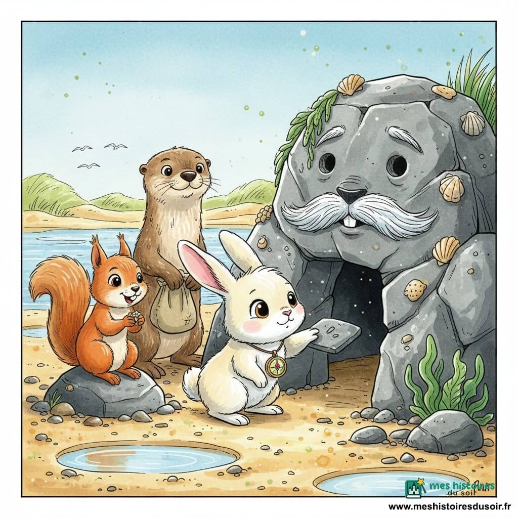 Un petit lapin blanc crème aux yeux brillants, museau frémissant et une boussole au cou, agenouillé devant l’entrée d’une cache rocheuse, pose sa patte sur une pierre plate; à gauche, une écureuil rousse aux grandes oreilles tient des graines et regarde la grotte avec impatience joyeuse; derrière le lapin, une loutre au pelage brun tient un sac d’outils, prête à aider; le Rocher-Trompeur, grand et gris avec stries blanches, fente souriante et trou rond, coquillages lumineux et algues, s’ouvre sur un tunnel éclairé par une lumière douce; scène sur une plage de galets et sable doré, petites flaques réfléchissant un ciel pâle, ambiance d’aventure calme, couleurs chaudes et traits d’encre délicats.