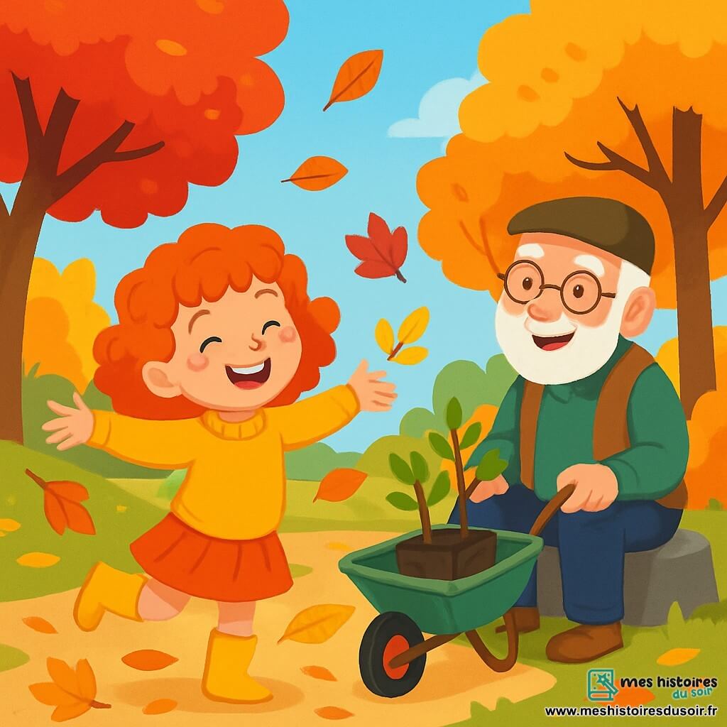 Zoé, une fille de 8 ans aux cheveux roux bouclés et aux taches de rousseur, sourit en tournant dans un jardin d'automne. Elle porte un pull jaune moutarde et des bottes en caoutchouc, entourée de feuilles multicolores. À ses côtés, son grand-père, un homme âgé avec une barbe blanche et des lunettes rondes, rit tout en tenant une brouette pleine de petits arbres à planter. Le jardin est orné de grands arbres aux feuilles rouge vif, orange et jaune, sous un ciel bleu clair. Zoé s'amuse à attraper les feuilles tombantes pendant que son grand-père lui raconte des histoires sur les lutins de l'automne, créant une atmosphère chaleureuse.