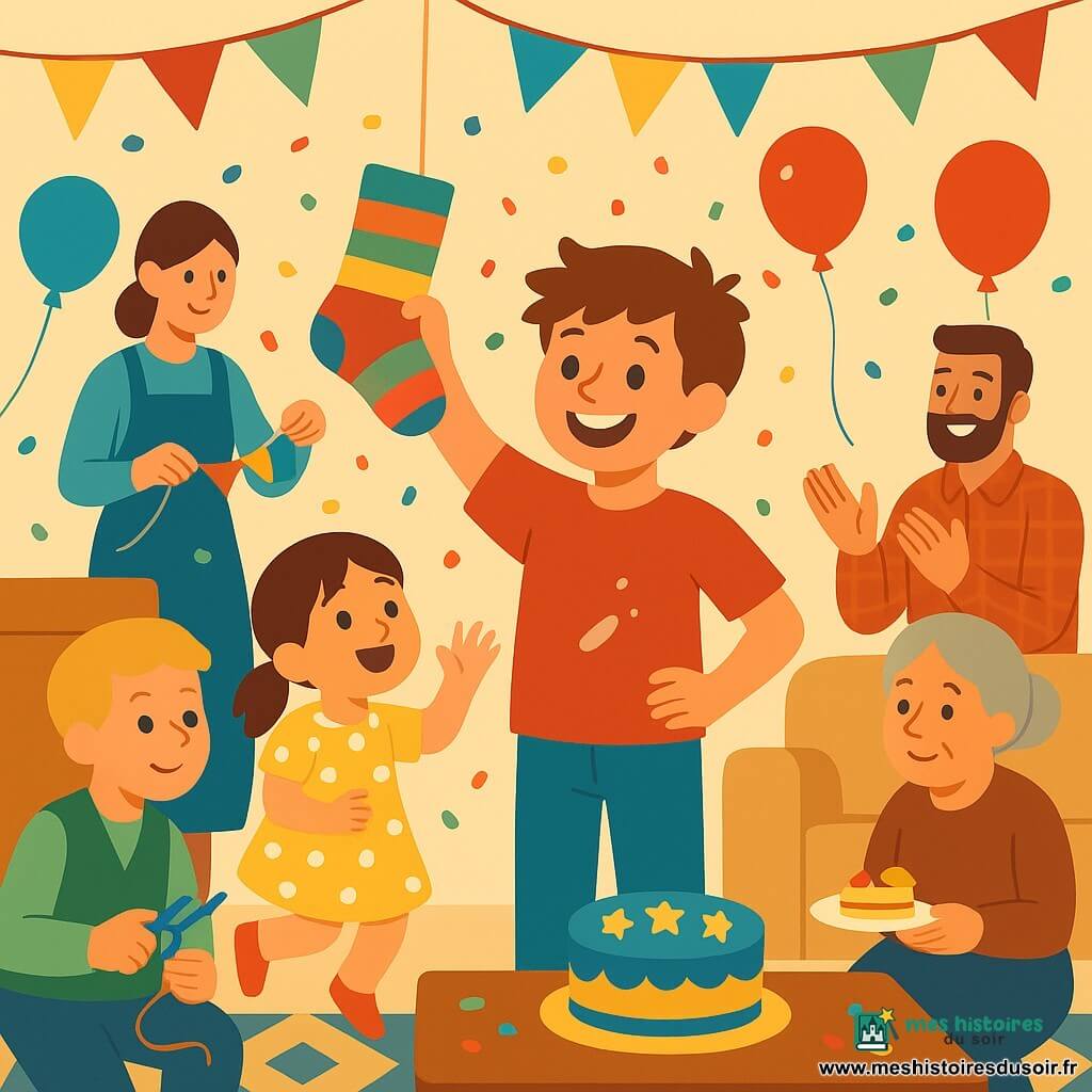 Un salon chaleureux où une famille fête le Nouvel An : un garçon de 8 ans, fier et rayonnant, cheveux châtains en bataille, t-shirt rouge taché de colle et jean, sourit en tenant d’une main une chaussette-piñata, l’autre sur la hanche ; sa sœur d’environ 5 ans, émerveillée, cheveux bruns en couettes et robe jaune à pois blancs, saute vers la piñata à sa droite ; Paul, ami de 8 ans, complice, cheveux blonds courts et gilet vert, accroupi à gauche près d’une table décorée avec des ciseaux et une bobine de ficelle ; la maman (~35 ans), émue et souriante, cheveux attachés et tablier bleu, range des guirlandes derrière la table ; le papa (~36 ans), joyeux, barbe légère et chemise à carreaux, applaudit près du canapé ; la grand-mère (~65 ans), attendrie, cheveux gris en chignon et pull doux, est assise sur le canapé avec une assiette de gâteau. Décor : murs crème, guirlandes papier multicolores, ballons rouges et bleus, grande fenêtre sur les lumières de la ville, tapis géométrique, table basse avec un gâteau orné d’étoiles en sucre. Ambiance festive et intime, confettis qui tombent, piñata-chaussette au centre prête à être brisée, couleurs vives et formes simplifiées, composition claire et lisible comme une affiche pour enfants.