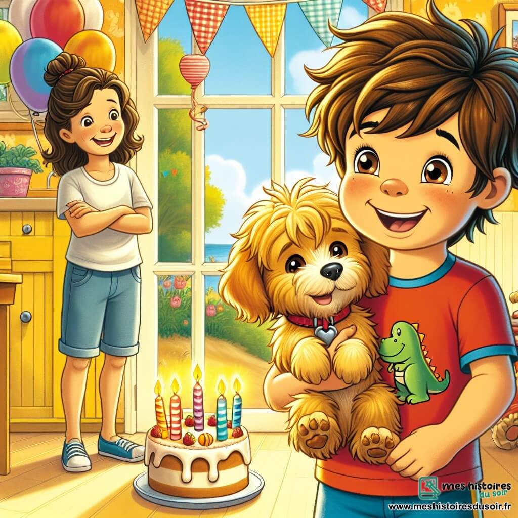 Un garçon de 7 ans, Maxime, souriant et tenant un chiot doré, se tient au centre de l'image. Il porte un t-shirt rouge avec un dinosaure et un short bleu. À côté de lui, sa mère, souriante, l'observe avec fierté près de la porte de la cuisine. Le décor est une cuisine chaleureuse avec des murs jaunes, un gâteau d'anniversaire au centre de la table et des ballons colorés. Maxime découvre son chiot Tobby, qui joue avec un jouet en forme d'os. L'atmosphère est festive et joyeuse, remplie de rires d'enfants.