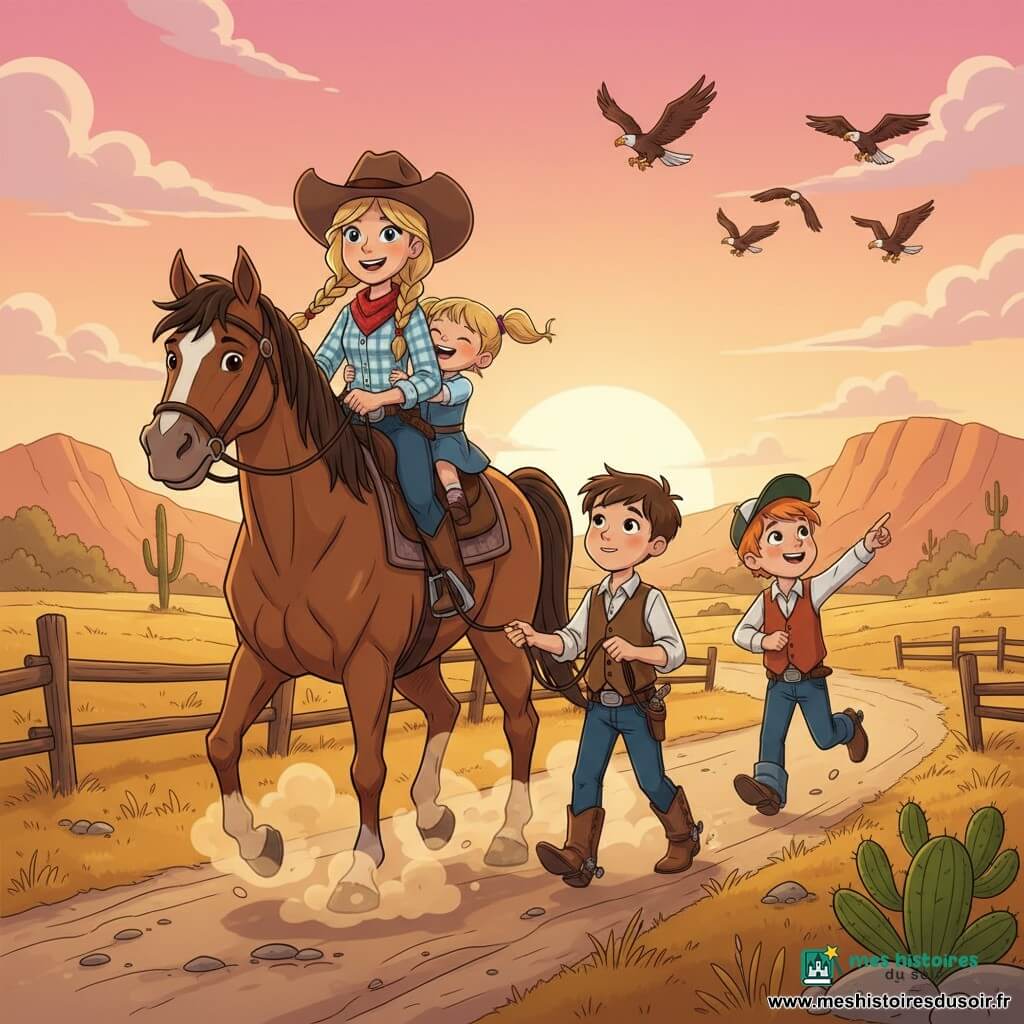 Viva, cowgirl souriante et courageuse en chapeau de feutre brun, bandana rouge et chemise à carreaux, tient les rênes d’un grand cheval brun nommé Biscuit, porteur d’une large tache blanche au front et d’une crinière soignée, soulevant une poussière dorée ; une fillette de 6 ans en robe bleue est assise derrière Viva en riant tandis qu’un garçon de 8 ans en jean tient la longe avec émerveillement et qu’un garçon de 7 ans à la peau rousse, casquette à l’arrière, pointe du doigt un vol d’aigles ; ils rentrent joyeusement au ranch au crépuscule sur un sentier poussiéreux bordé de prairies dorées, clôtures en bois, cactus et collines orangées sous un ciel rose et orange.