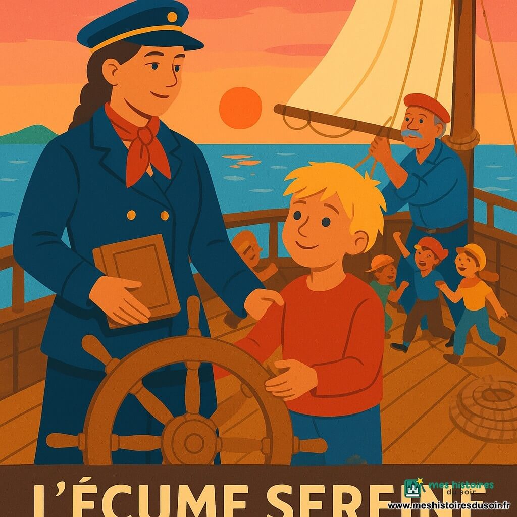 Sur le pont en bois du bateau "L'Écume Sereine", la capitaine Marinette, calme et fière, cheveux bruns tressés, veste bleue usée et foulard rouge, tend un carnet de cuir au garçon Petit Loup (environ 10 ans, cheveux blonds ébouriffés, genoux sales) ; derrière eux, un vieux marin à la moustache grise ajuste une voile et des enfants d'équipage jouent en souriant ; au coucher du soleil la mer calme et un petit archipel à l'horizon baignent la scène d'une lumière rose-orangée, moment tendre et solennel de remise du carnet.