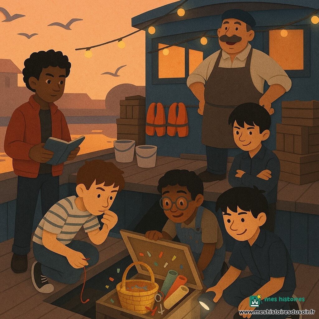 Sur la péniche La Lune Bleue amarrée au crépuscule, Noé, garçon d'environ 12 ans aux cheveux châtains courts, accroupi et tenant un fil rouge, renifle une miette de biscuit ; Tom, vif et énergique, carnet en main, se tient à gauche regardant la cale ouverte ; Sami, bricoleur en salopette tachée, à genoux, éclaire et soulève le couvercle d'une caisse ; Léo, observateur aux cheveux noirs, les bras croisés, note une trace de peinture sur le pont ; Arthur, petit garçon de 9 ans en sweat à capuche, tient un ruban rouge, honteux mais soulagé ; M. Lenoir, homme d'environ 50 ans en tablier et béret, se tient sur le pont, surpris mais souriant ; la caisse ouverte révèle un panier de tombola entouré de confettis, rouleaux de papier coloré et une clé attachée à une ficelle rouge, tandis que l'ambiance mêle fête naissante et complicité réparatrice sur un pont décoré, pluie orangée du ciel se reflétant sur l'eau.