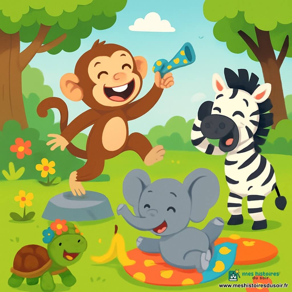 Une guenon joyeuse nommée Gigi, avec un pelage brun et des yeux pétillants, saute sur une pierre, un sifflet bleu à pois jaunes à la main, riant aux éclats. À côté d'elle, un petit éléphant gris glisse sur une peau de banane et tombe doucement sur un coussin coloré. Un zèbre rayé rit en se tenant la tête, tandis qu'une tortue verte, portant un casque en fleurs, avance lentement avec un grand sourire. La scène se déroule dans un jardin ensoleillé, rempli de fleurs éclatantes et de grands arbres, où des coussins colorés sont éparpillés. Gigi organise une course hilarante où tous les animaux tombent et rient ensemble, créant une ambiance joyeuse.
