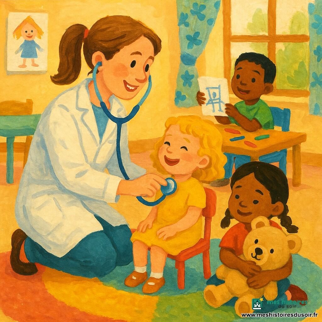 Une médecin souriante aux cheveux châtain clair en queue de cheval, en blouse blanche avec un stéthoscope bleu, rassure des enfants dans une classe maternelle chaleureuse aux murs pastel : elle ausculte doucement une fillette blonde de 4 ans en robe jaune assise sur une petite chaise, pendant qu’un garçon de 5 ans aux cheveux noirs montre son dessin près de la fenêtre et qu’une fillette de 3 ans aux nattes brunes serre une peluche, le tout dans une ambiance douce aux couleurs chaudes et traits de gouache visibles.