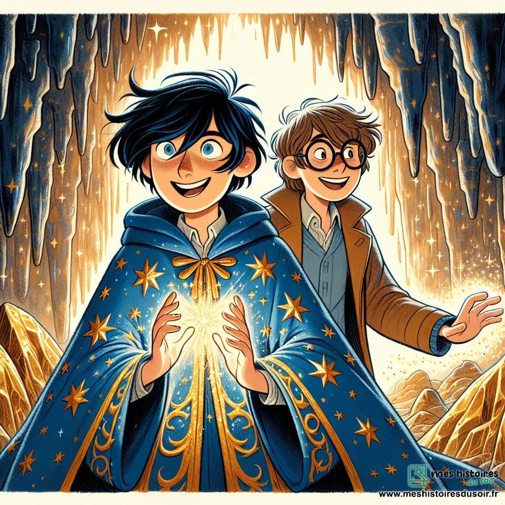 Léo, un apprenti sorcier de douze ans, se tient au centre de la scène, les yeux brillants d'excitation. Il porte une robe de sorcier bleue ornée d'étoiles dorées et lève les mains vers une pierre magique scintillante entourée d'une lumière dorée. À ses côtés, Arthur, son ami fidèle, également âgé de douze ans, avec des lunettes épaisses et des cheveux châtains, tend la main vers la pierre, prêt à l'aider. En arrière-plan, une caverne vaste et mystérieuse avec des murs scintillants et des stalactites crée une atmosphère magique. Léo et Arthur unissent leurs pouvoirs pour repousser des sorciers malveillants qui tentent de s'emparer de la pierre, une tempête d'énergie magique tourbillonnant autour d'eux.