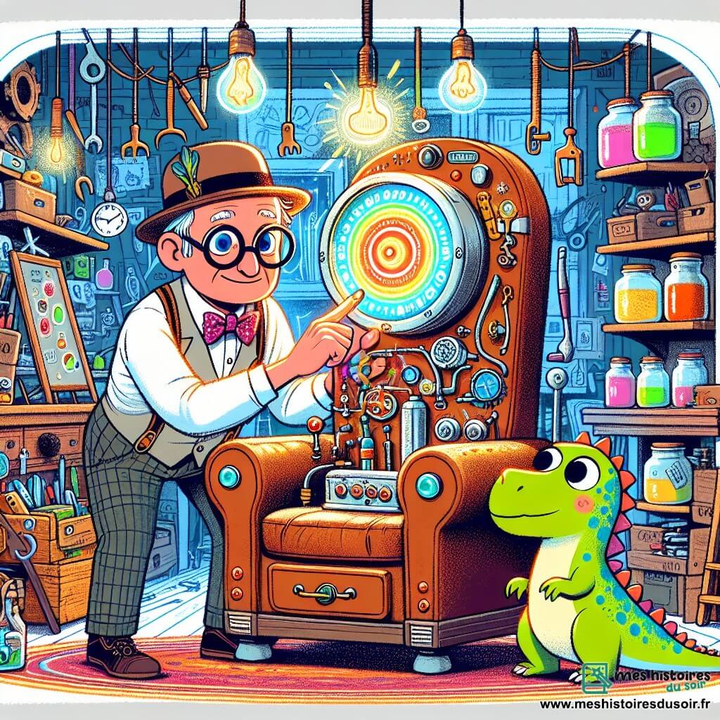 Monsieur Dupont, un homme d'environ 50 ans avec des lunettes rondes et un chapeau en forme de soucoupe, se tient dans son atelier coloré, entouré d'outils et de bocaux de potions. Il manipule une machine à remonter le temps, un fauteuil en cuir orné de stickers de planètes, en appuyant sur un bouton rouge brillant. À ses côtés, un petit dinosaure mignon nommé Dino, aux taches vertes et jaunes, observe avec curiosité. L'atelier est extravagant, rempli de machines bizarres et de couleurs vives. L'atmosphère est magique alors que Monsieur Dupont active la machine, prêt pour une aventure incroyable avec Dino.