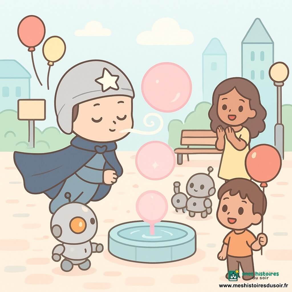 Zéphyréo, jeune homme souriant en cape bleu nuit et casque argenté à étoile, souffle une brise spiralée qui rassemble et aligne de petits robots étincelants tandis qu’une grosse bulle d’énergie rose retombe au-dessus d’une fontaine ronde au centre d’une place urbaine pastel; un robot chef rond métallique clignote en orange à gauche, un garçon d’environ 5 ans aux cheveux bruns tient un ballon rouge à droite près de la fontaine, et une femme d’environ 30 ans en robe jaune sourit et applaudit derrière les robots; ambiance lumineuse douce, couleurs pastel, lignes simples et formes rondes.
