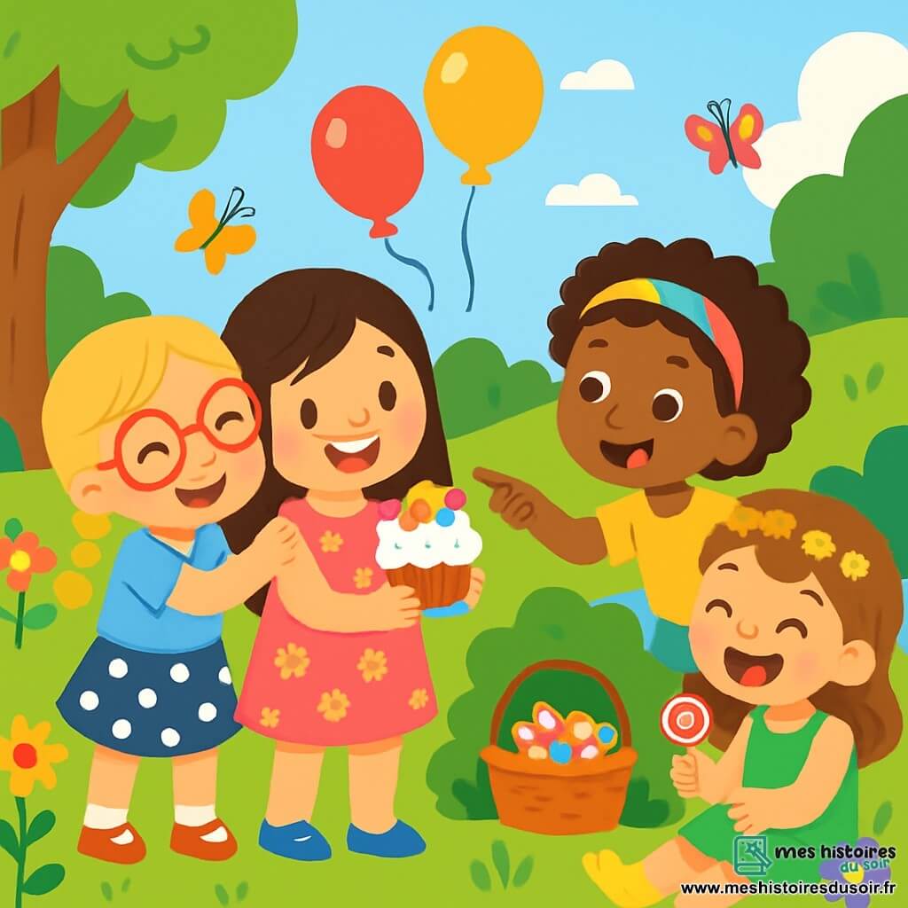Quatre enfants célèbrent un anniversaire dans un jardin ensoleillé rempli de fleurs et d'arbres. Jade, 7 ans, a de longs cheveux bruns et porte une robe rose à fleurs, souriant avec un gâteau décoré. À ses côtés, Lila, 6 ans, avec des cheveux blonds en tresses et des lunettes rondes, lui fait un câlin, vêtue d'une blouse bleue et d'une jupe à pois. Zoé, 7 ans, a des cheveux frisés et un bandeau coloré, elle pointe un panier de bonbons sous un buisson, portant un t-shirt jaune et un short en jean. Mia, 6 ans, avec des cheveux châtains et une couronne de fleurs, est assise sur l'herbe, riant avec un bonbon en main, vêtue d'une robe verte. L'atmosphère est joyeuse, avec des papillons et des ballons, tandis que les enfants s'amusent ensemble.