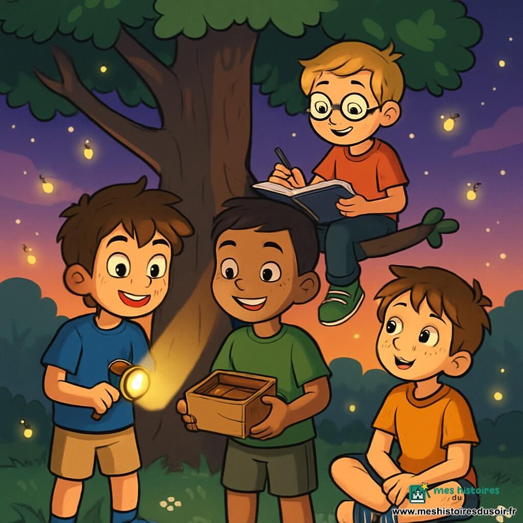 Quatre enfants se trouvent dans un parc au crépuscule, autour d'un grand chêne. Léo, 9 ans, a des cheveux bruns en bataille et tient une lampe de poche qui éclaire son visage curieux. Jules, également 9 ans, est assis sur une branche, vêtu d'un t-shirt rouge, en train de dessiner. Malik, avec des cheveux foncés et un t-shirt vert, sourit en tenant une boîte d'objets réconfortants. Hugo, aux cheveux châtains et aux taches de rousseur, est assis dans l'herbe, émerveillé par les lucioles. Ils partagent leurs peurs et rêves sous le ciel étoilé, unis dans leur détermination à surmonter leur peur du noir.