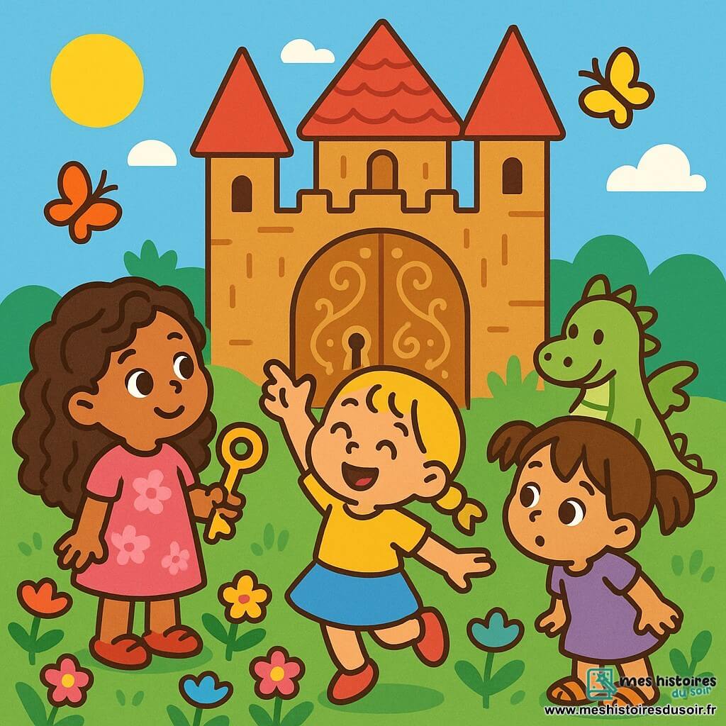 Il y a trois personnages : Lila, une petite fille de 2 ans avec de longs cheveux bouclés, portant une robe rose et tenant une clé dorée, se tient à gauche, émerveillée par la porte du château. Mia, également âgée de 2 ans, avec des cheveux blonds en tresses et un t-shirt jaune, est au centre, sautant de joie et pointant la porte. Zoé, avec des cheveux bruns en couettes et une robe violette, se trouve à droite, curieuse. L'histoire se déroule dans un jardin enchanté avec un château en bois sculpté en arrière-plan. Les filles découvrent la porte du château, fascinées par la clé que Lila tient, tandis qu'un dragon en peluche les observe avec bienveillance, prêt à leur révéler un secret.