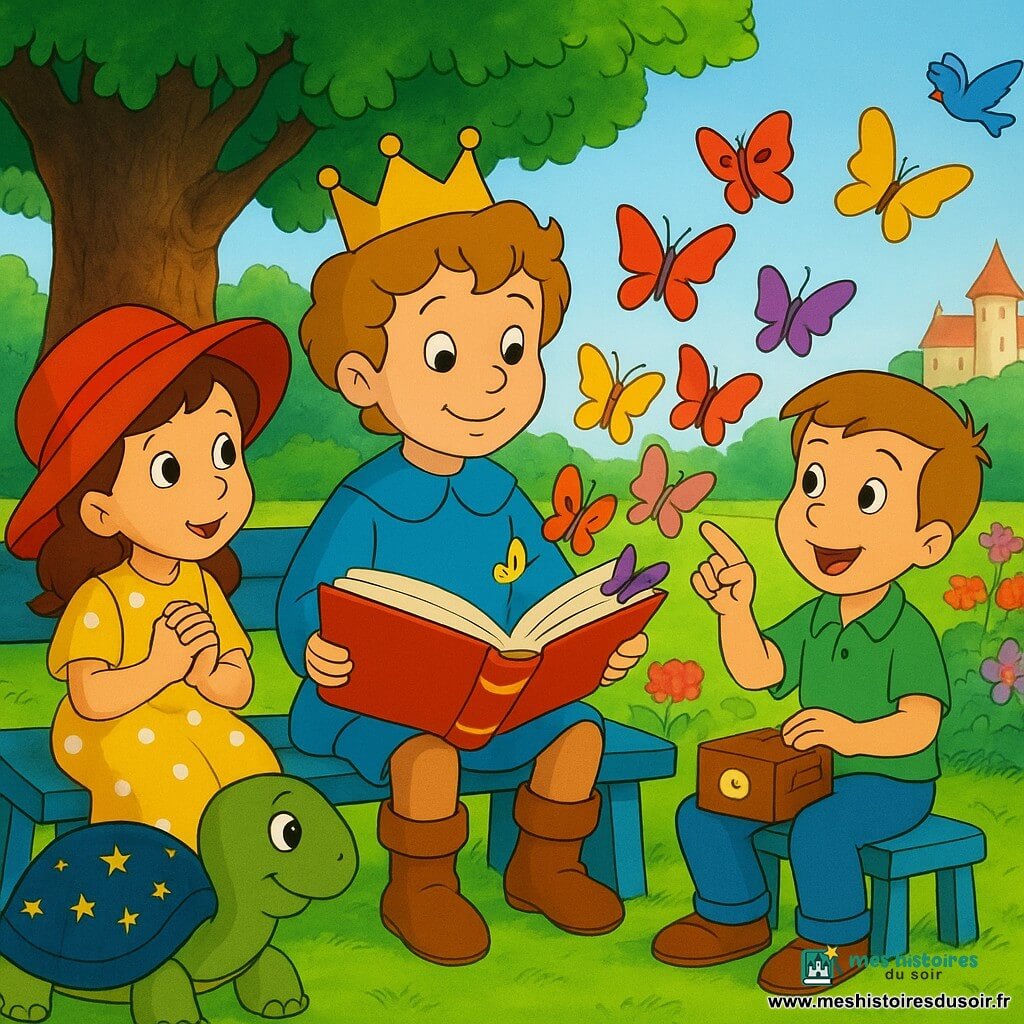 Le prince est au centre, visage souriant, cheveux châtain clair bouclés, couronne simple, petite tunique bleue et bottines en cuir, assis sur un banc bleu tenant un grand livre d'où s'envolent des lettres devenant des papillons colorés ; à sa gauche une fillette d'environ 6 ans en robe jaune à pois blancs et grand chapeau rouge regarde émerveillée, mains jointes ; à sa droite un garçon d'environ 7 ans en chemise verte pointe un papillon-lettre, une petite boîte "tic-tac" est posée près de lui ; au premier plan à gauche une tortue à la carapace bleu nuit parsemée d'étoiles dorées observe calmement ; en arrière-plan un vieux chêne au tronc noueux et un toit de feuillage, avec une petite fontaine en pierre près des racines ; le jardin du château est lumineux et coloré (pelouse verte, massifs de fleurs rouges, roses et violettes, papillons et oiseaux) et une allée pavée mène à un petit château crème aux toits rouges à l'horizon ; scène principale : une petite école en plein air, le prince lit un livre magique, les lettres se transforment en papillons, les enfants rient et regardent émerveillés, ambiance chaleureuse et lumière dorée du matin.