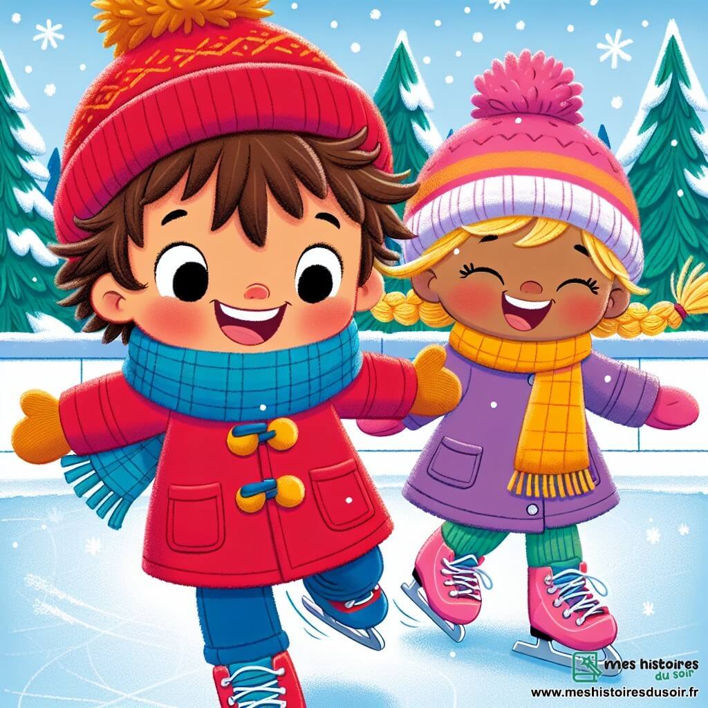Léo, un petit garçon de 3 ans aux cheveux bruns en bataille et aux joues roses, porte un manteau rouge, un bonnet à pompon et des bottes bleues. Il sourit avec excitation en glissant sur la glace de la patinoire, les bras écartés pour garder l'équilibre. À ses côtés, sa meilleure amie Emma, également âgée de 3 ans, a des cheveux blonds tressés et une écharpe jaune. Elle rit en patinant avec son manteau violet et des gants roses, prête à faire une pirouette près de Léo. La patinoire en plein air est entourée de sapins enneigés sous un ciel bleu clair avec des nuages blancs, tandis que des flocons de neige tombent doucement, ajoutant une touche magique à la scène. Léo et Emma s'amusent ensemble, laissant des traces de leurs patins sur la glace, créant un moment joyeux d'une journée d'hiver.