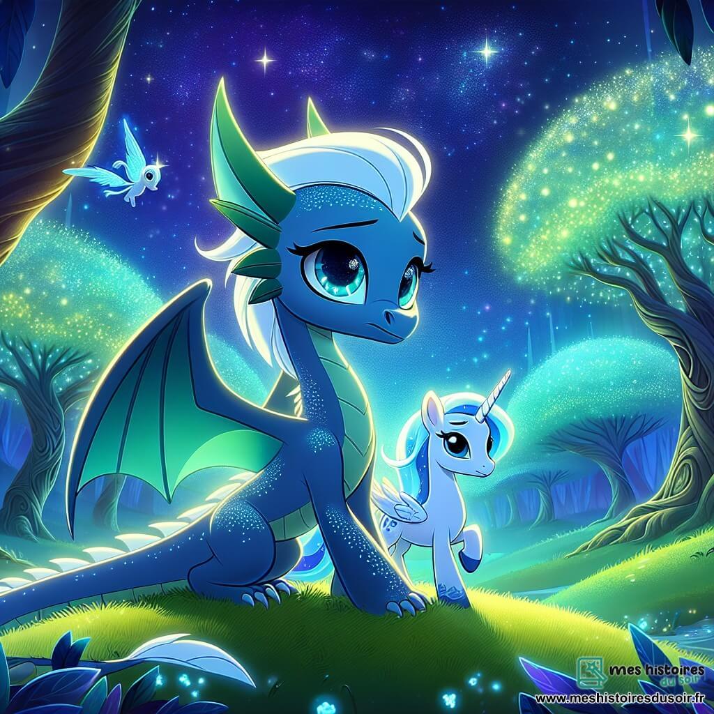 Au centre de l'image, Azura, une dragonne aux écailles bleues, se tient sur une colline verdoyante, les yeux brillants de larmes mais déterminée. Ses ailes sont repliées et elle regarde le ciel étoilé avec mélancolie et espoir. À ses côtés, Luna, une licorne majestueuse avec une crinière argentée, la soutient en posant un sabot sur son épaule, symbolisant leur amitié. Le décor est une forêt magique de Luminor, avec des arbres dorés et des feuilles brillantes illuminées par les étoiles. Azura, les yeux levés vers le ciel, exprime son chagrin pour sa grand-mère disparue tout en promettant de garder ses souvenirs vivants.