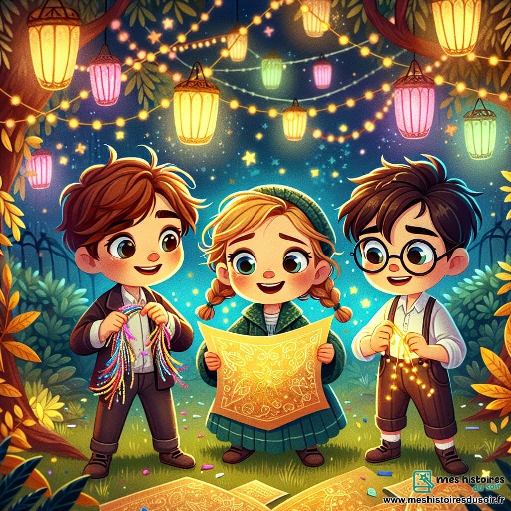 Trois amis, Léo, Émilie et Tom, sont réunis dans un jardin verdoyant sous un ciel étoilé. Léo, 8 ans, tient une guirlande colorée, Émilie, 7 ans, décore un chapeau de fête, et Tom, également 8 ans, examine un mystérieux papier doré. Ils découvrent un message secret les invitant à suivre les lumières jusqu'à la grande place pour percer le secret de la nouvelle année. Leurs visages expriment curiosité et excitation, tandis qu'une brise légère fait danser les feuilles.